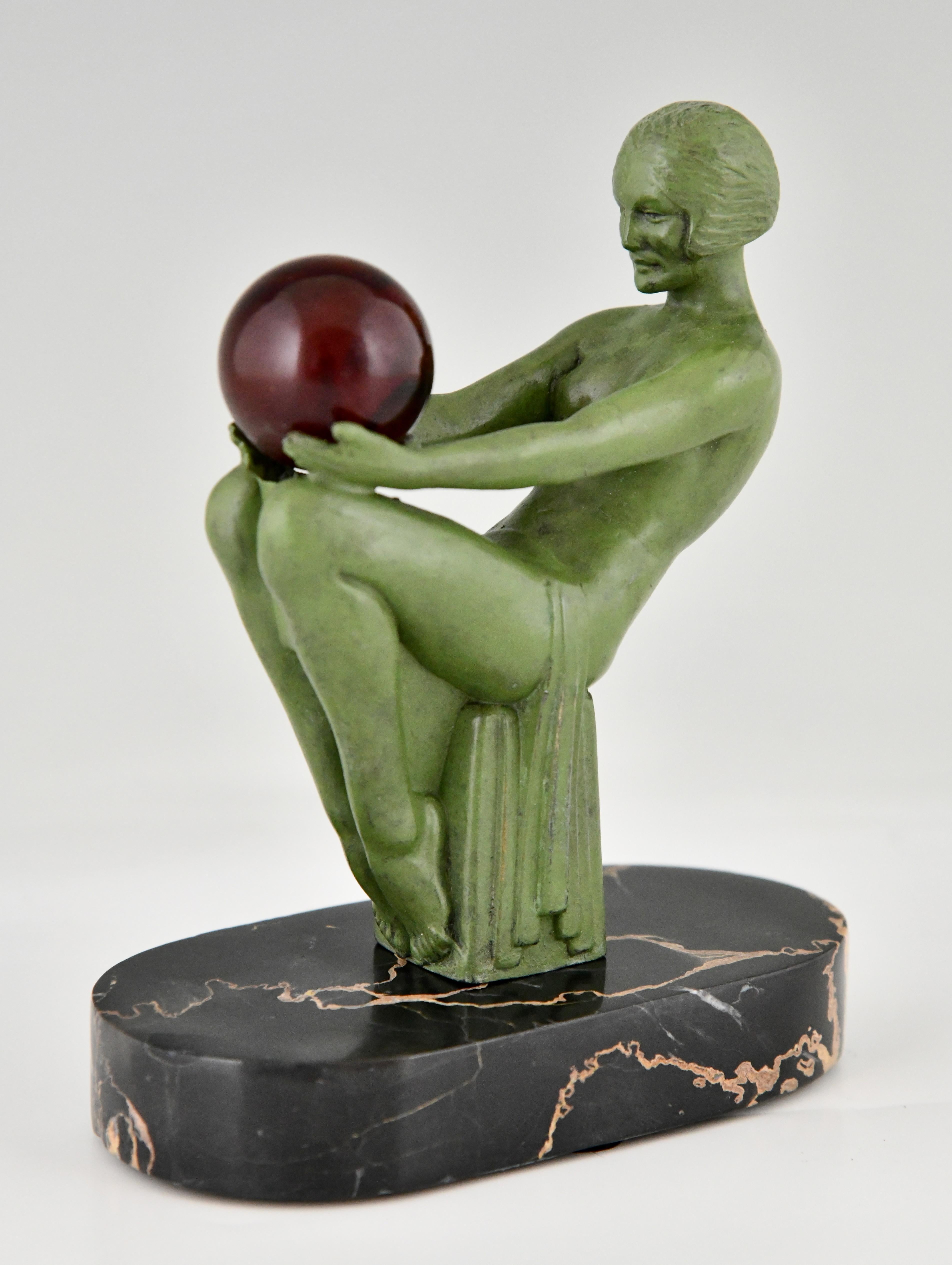 French Art Deco sculpture seated nude with ball signed by Max Le Verrier France 1930