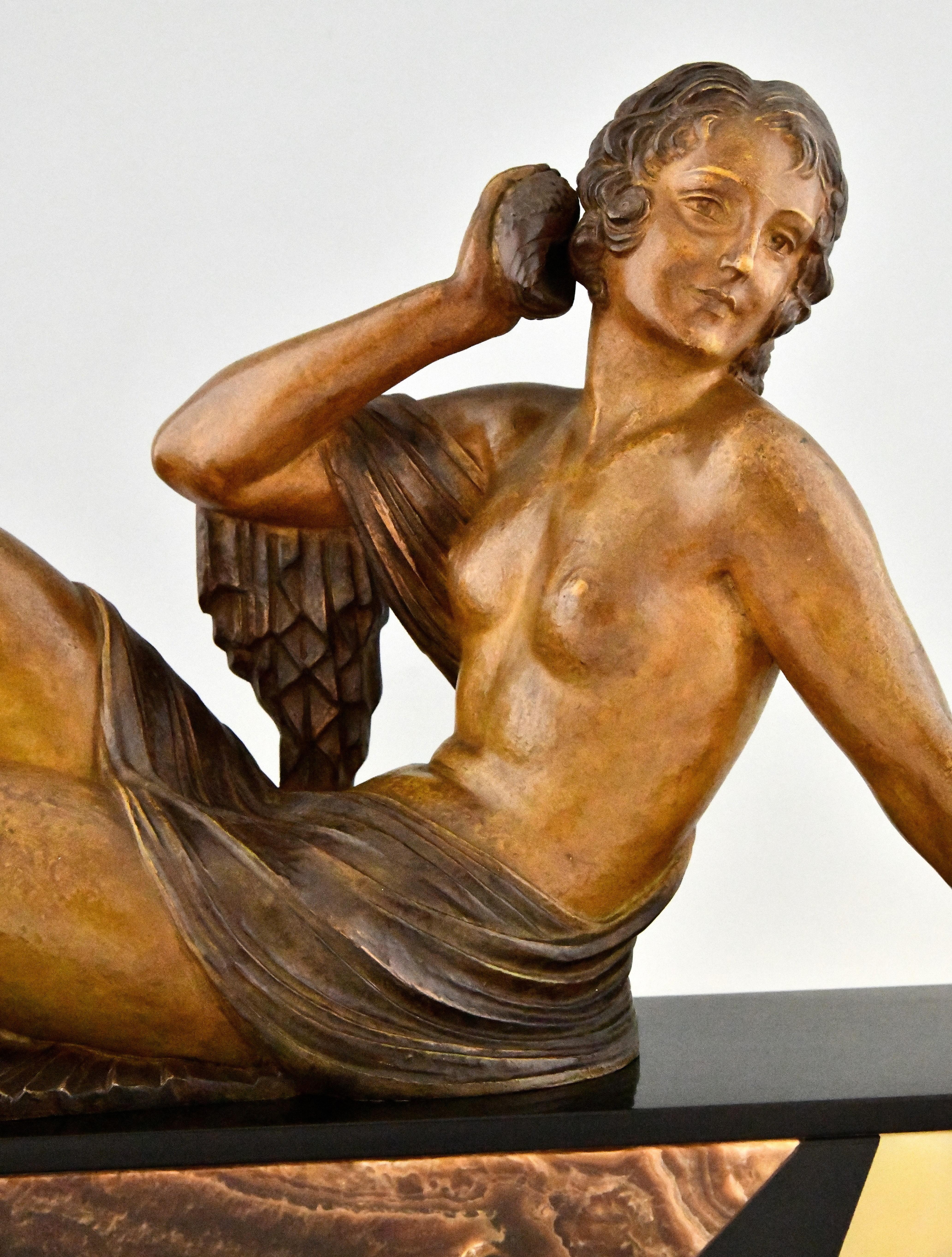 Metal Art Deco Sculpture Seated Nude with Shell by D.H. Chiparus the Echo 1930