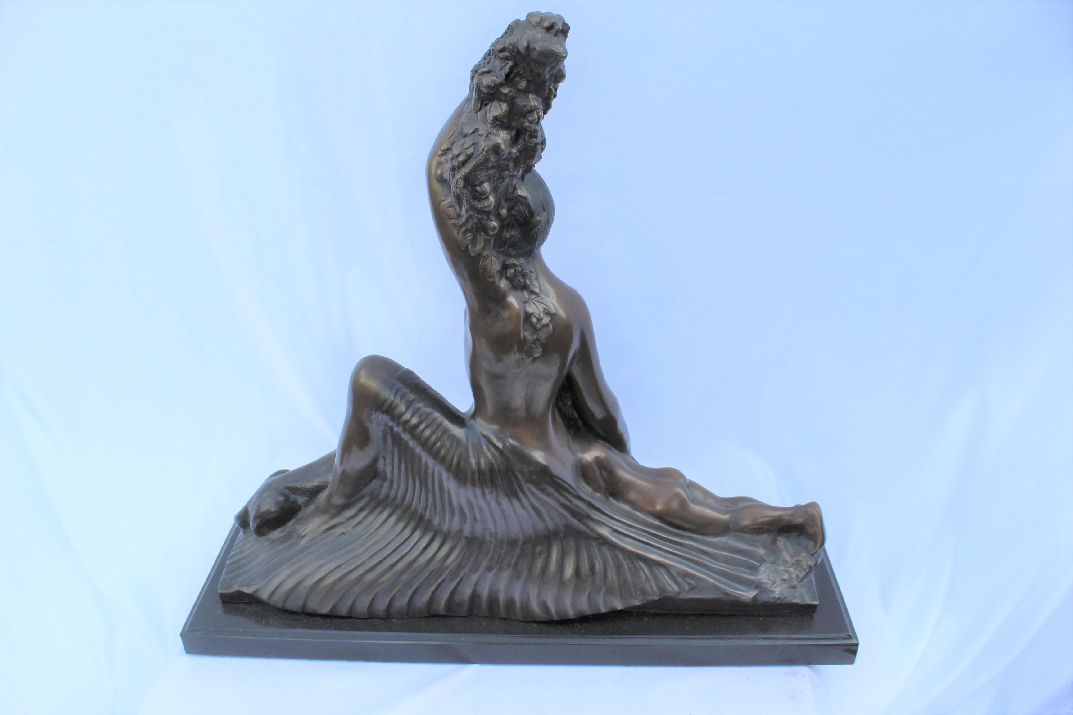 Cast Art Deco Sculpture, Semi-Nude Girl with Boy and Dog After Delandre Large For Sale