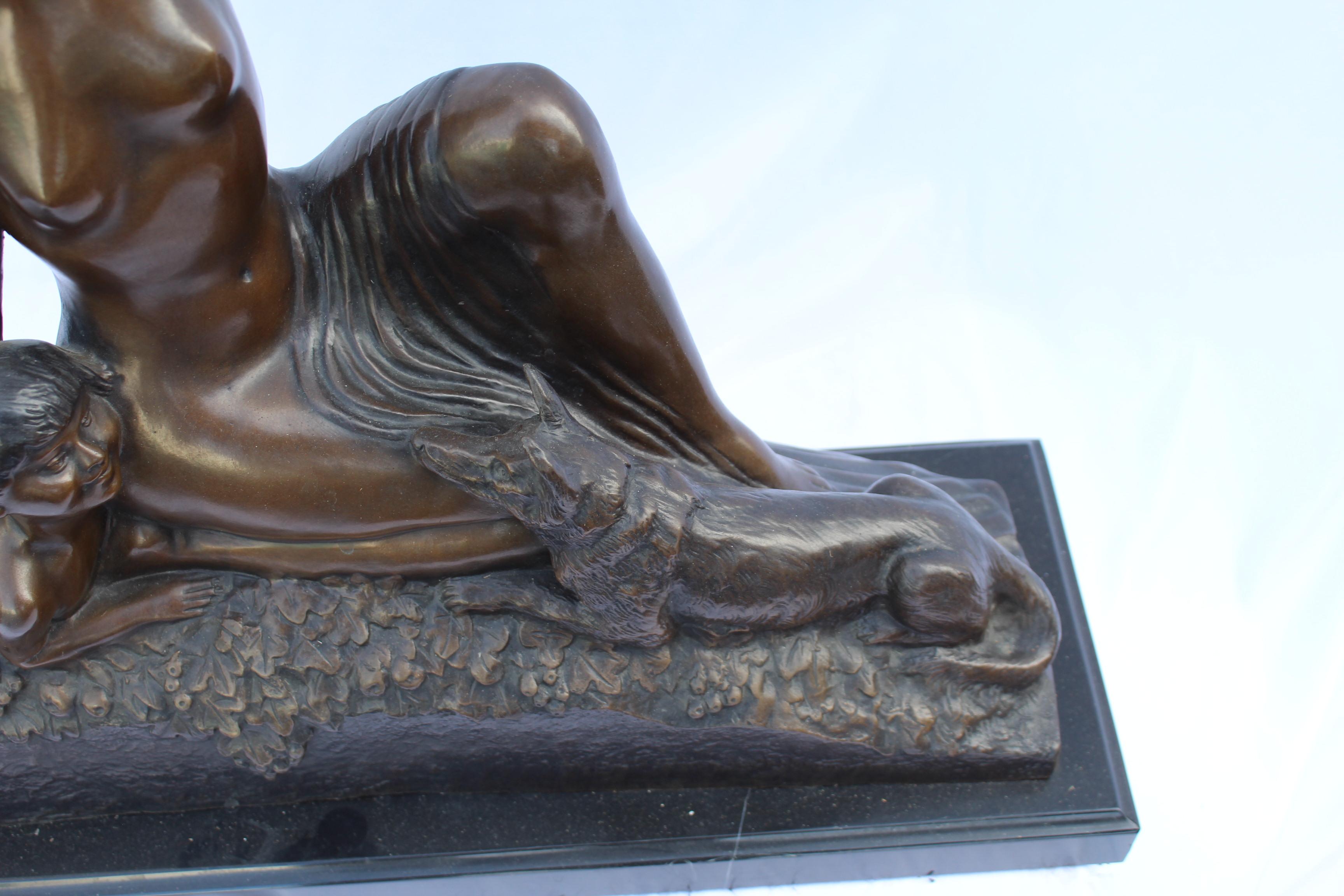 Art Deco Sculpture, Semi-Nude Girl with Boy and Dog After Delandre Large In Good Condition For Sale In Los Angeles, CA