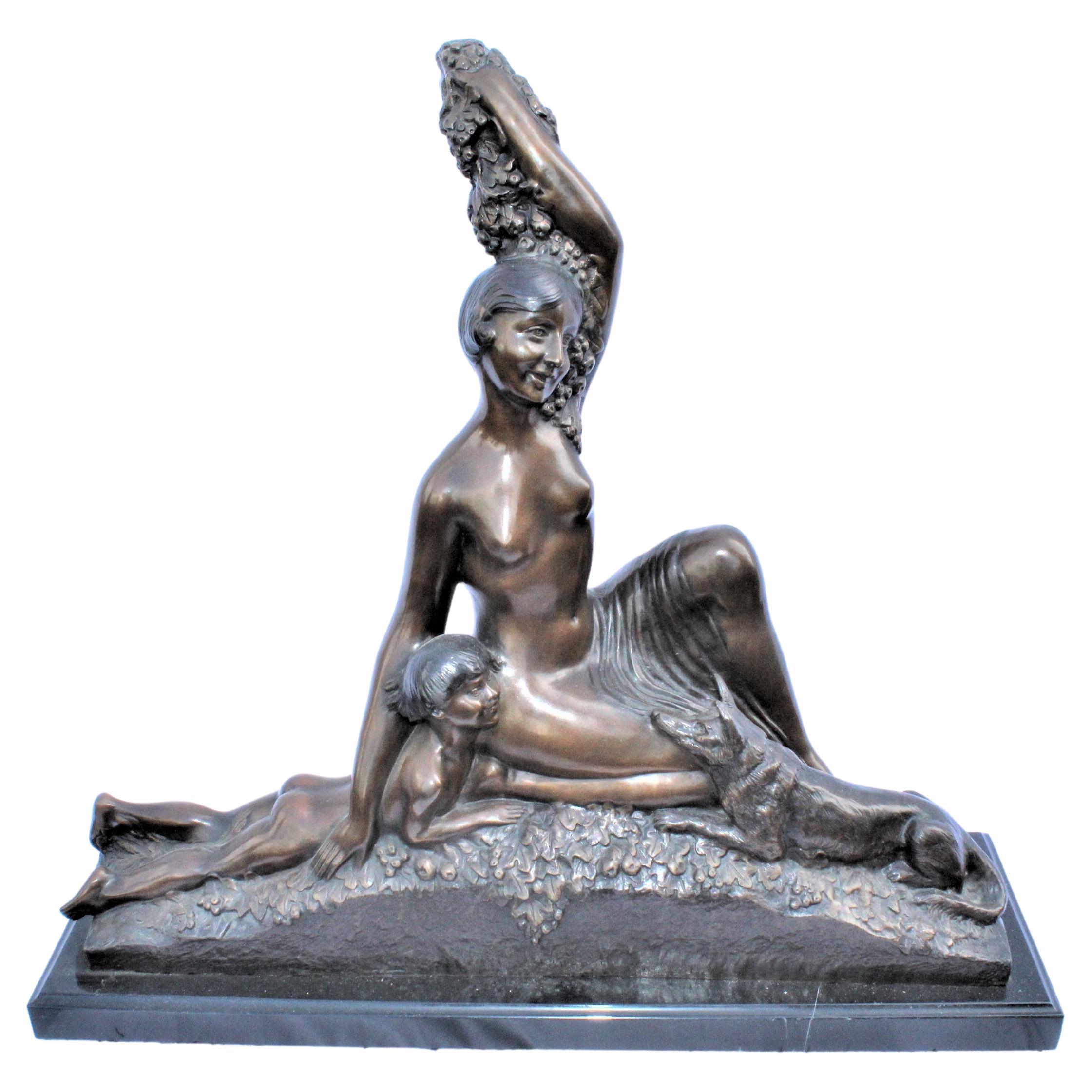 Art Deco Sculpture, Semi-Nude Girl with Boy and Dog After Delandre Large For Sale