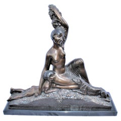 Retro Art Deco Sculpture, Semi-Nude Girl with Boy and Dog After Delandre Large