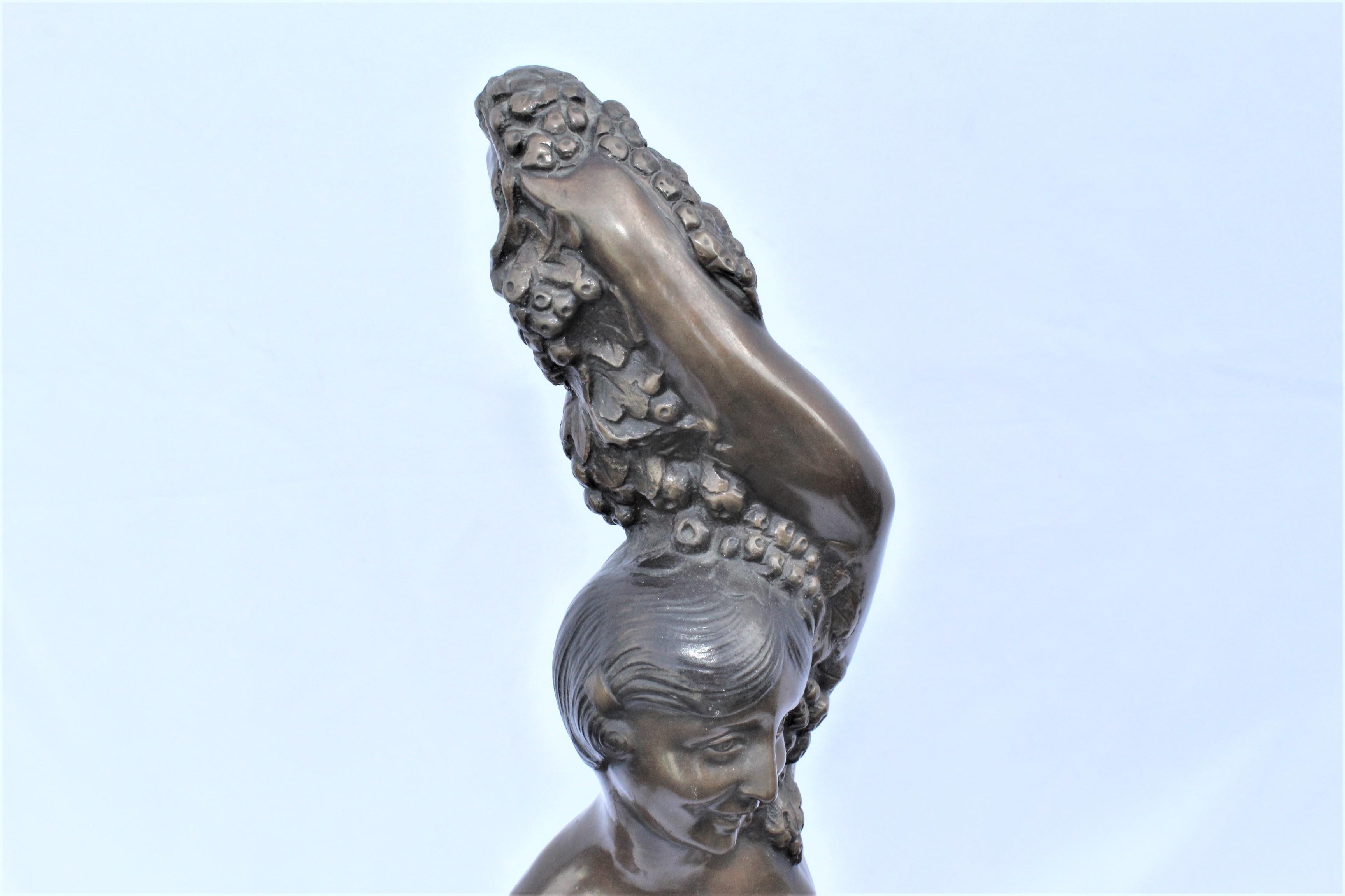 A nice size bronze casting of a semi-nude girl seated with small child and a dog holding a bunch of Flowers. Large size with multi-patinas with great details. Mounted on a solid block of marble base. Has the signature on back side. Heavy item. Heavy