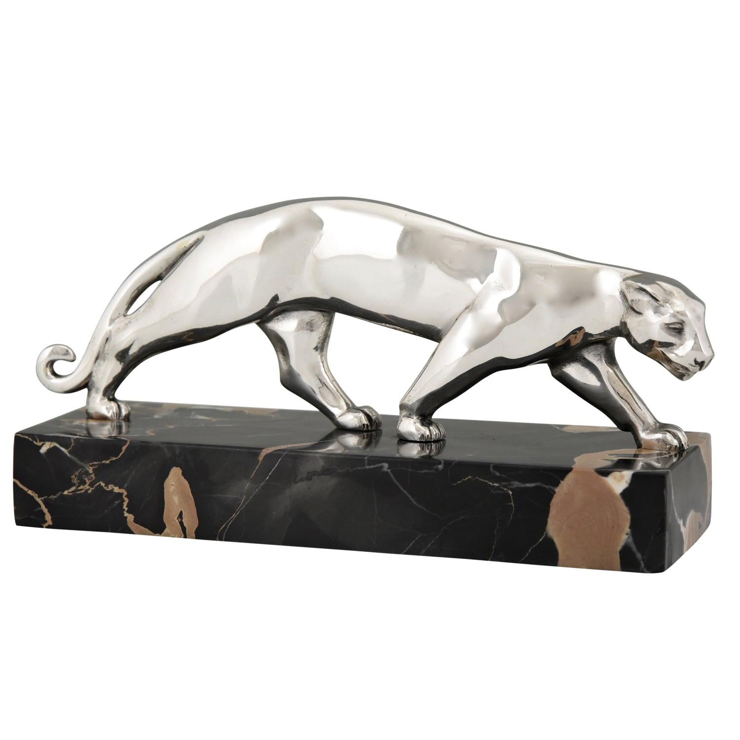 Art Deco Sculpture Silvered Bronze Panther Luc, France, 1930