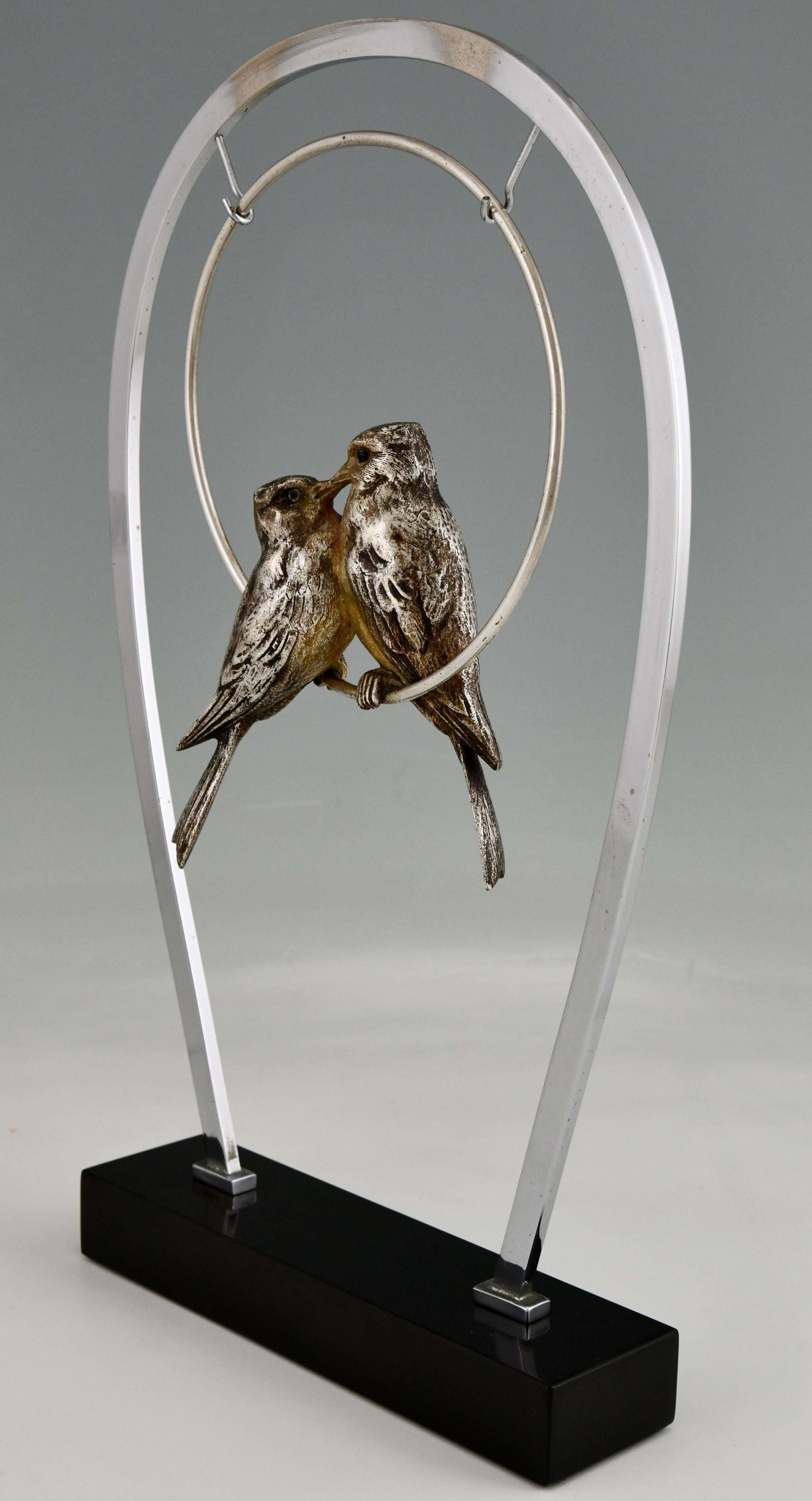French Art Deco Sculpture Silvered Bronze Sculpture Birds on Swing De Roche France 1930