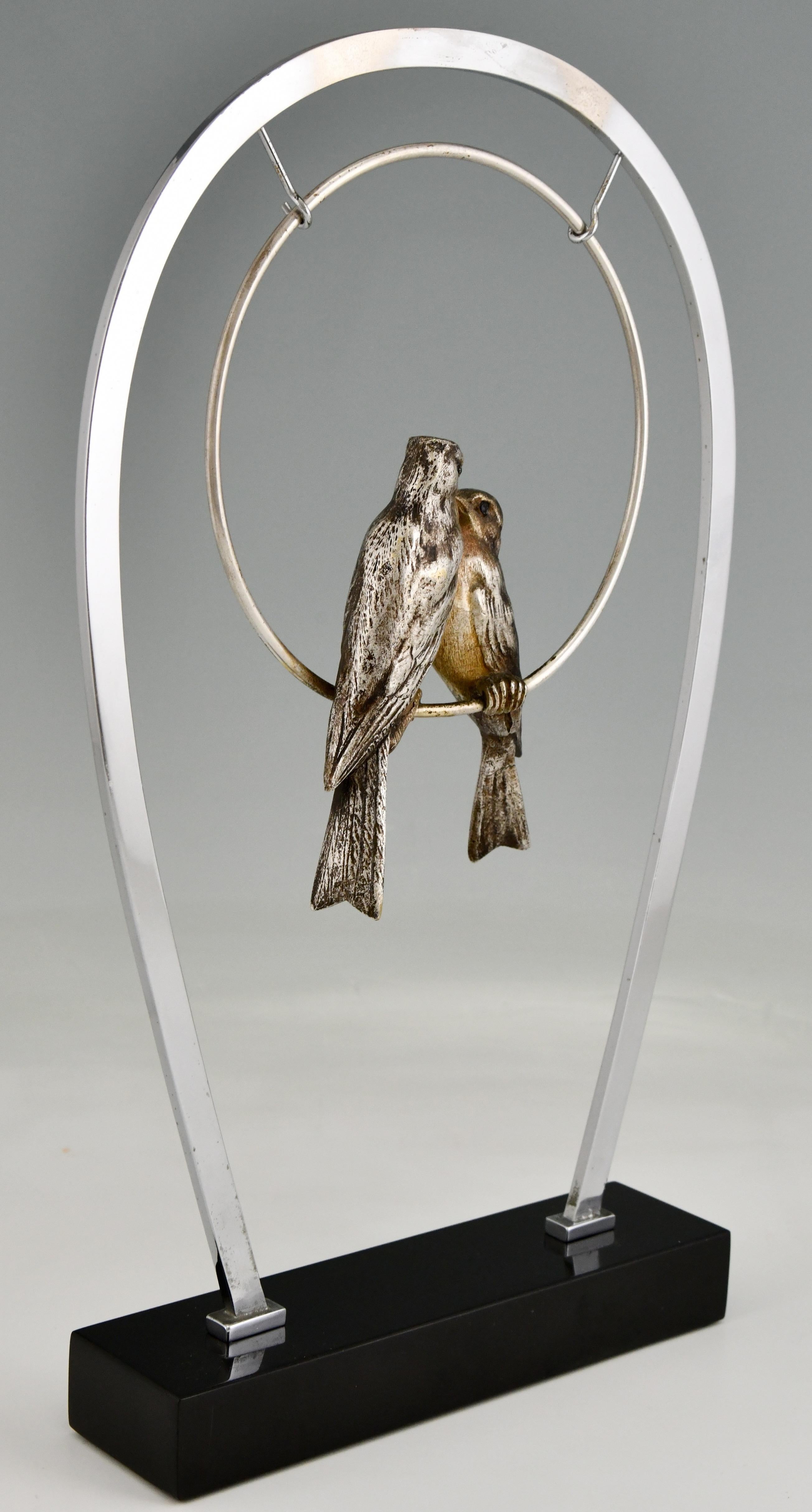 Mid-20th Century Art Deco Sculpture Silvered Bronze Sculpture Birds on Swing De Roche France 1930