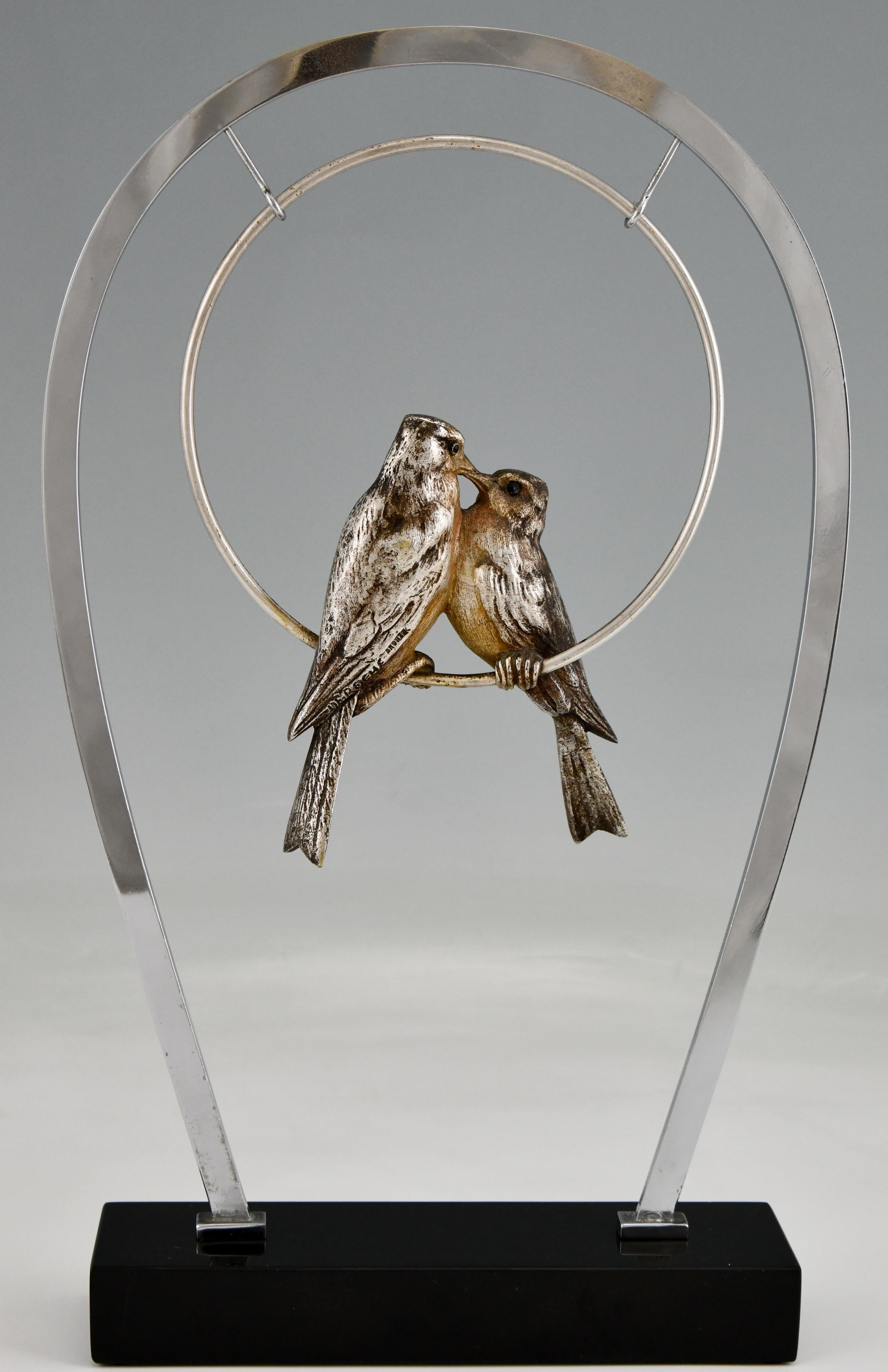 Art Deco Sculpture Silvered Bronze Sculpture Birds on Swing De Roche France 1930 1