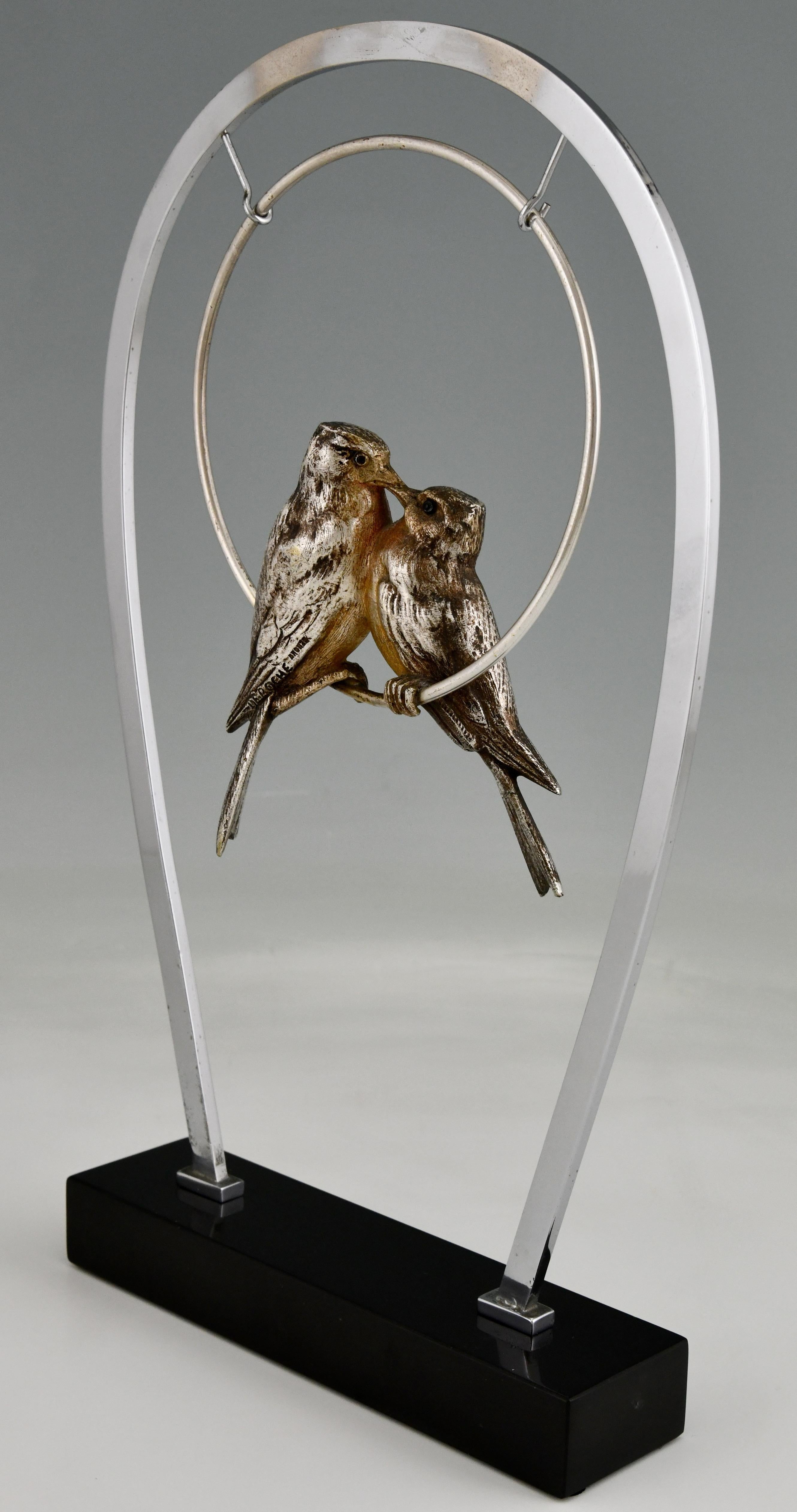 Art Deco Sculpture Silvered Bronze Sculpture Birds on Swing De Roche France 1930 2