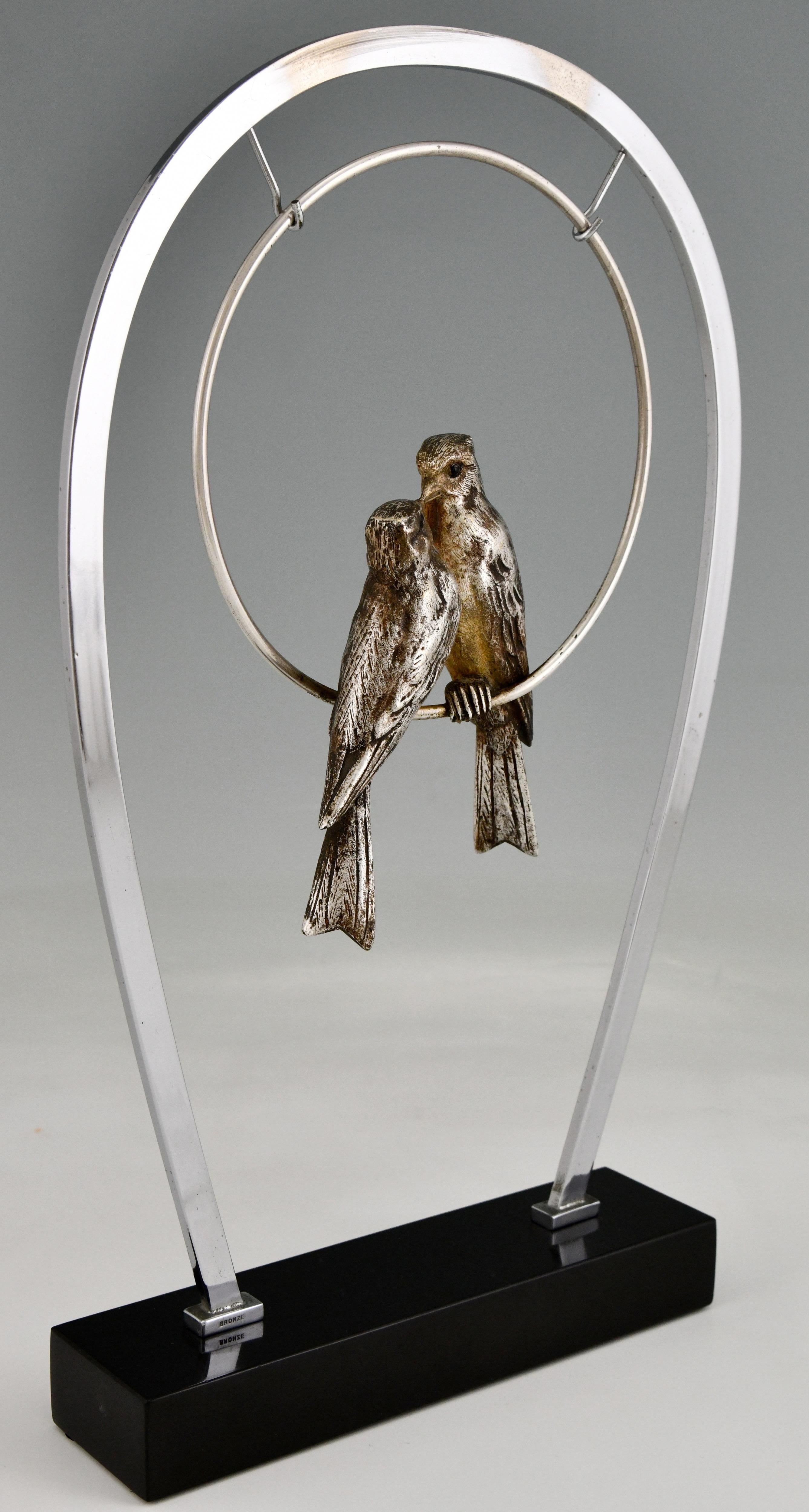 Art Deco Sculpture Silvered Bronze Sculpture Birds on Swing De Roche France 1930 4