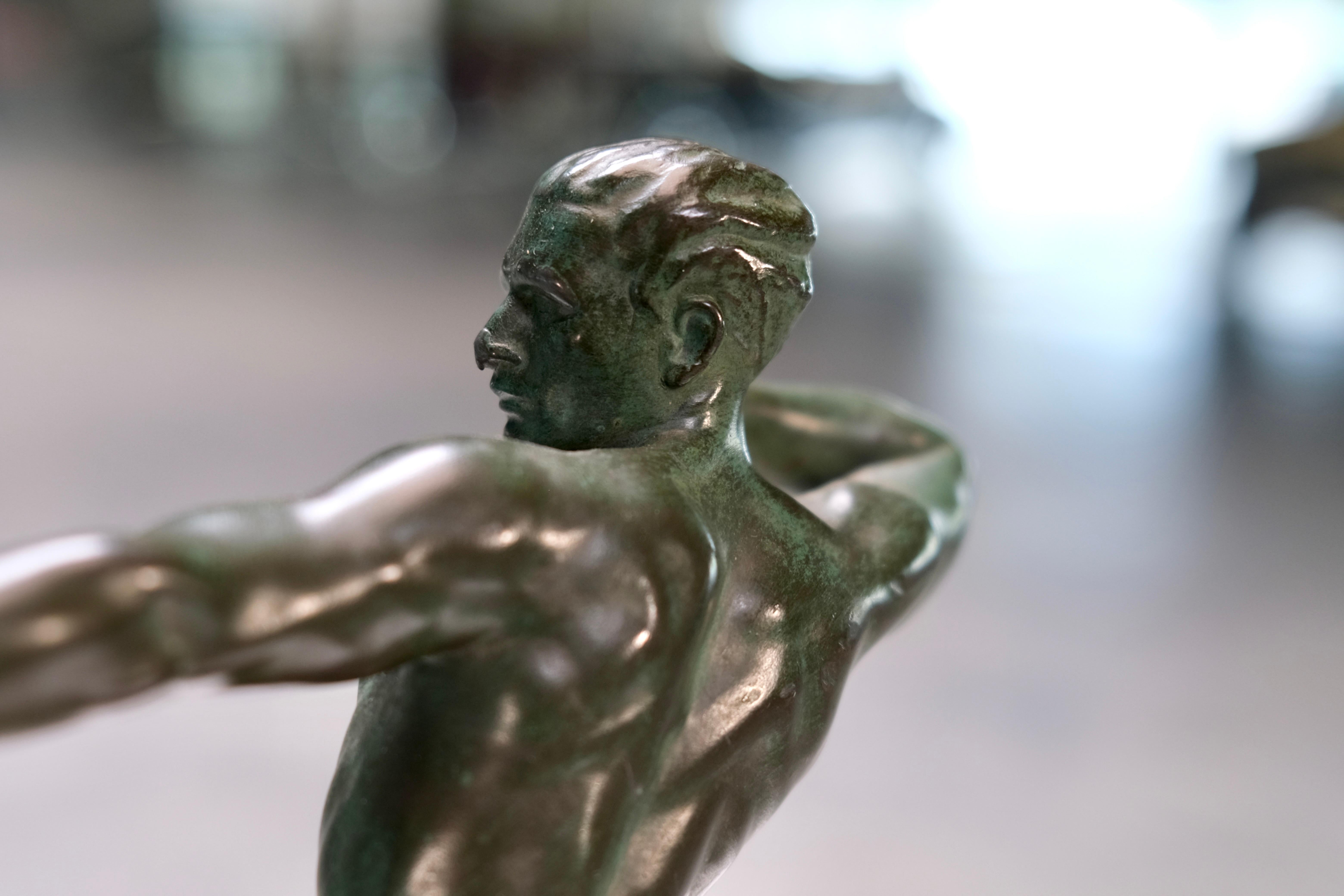 Art Deco sculpture Spartiate by Max Le Verrier, Spelter and Stone, France 1920s For Sale 4