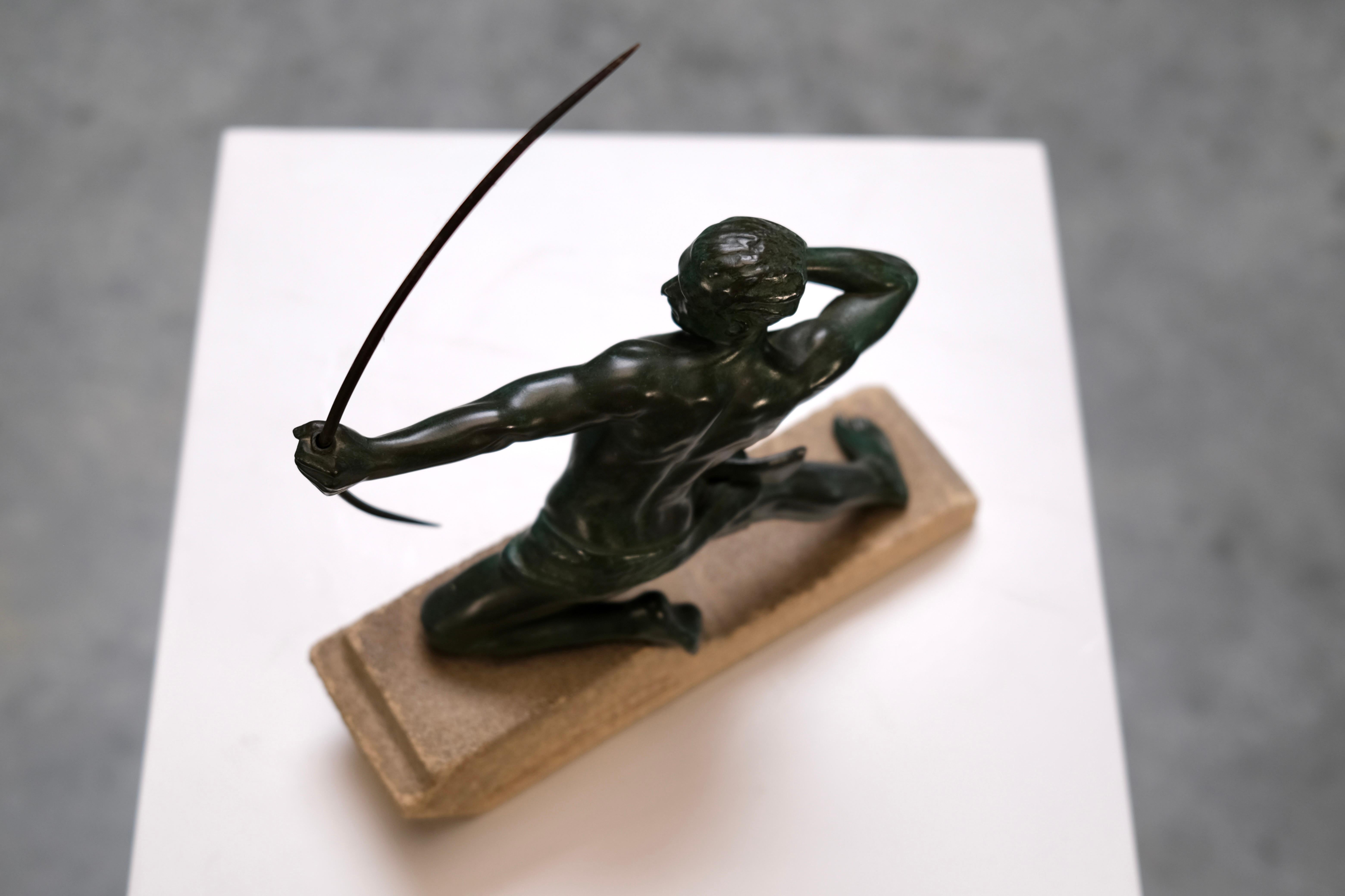 Art Deco sculpture Spartiate by Max Le Verrier, Spelter and Stone, France 1920s For Sale 7