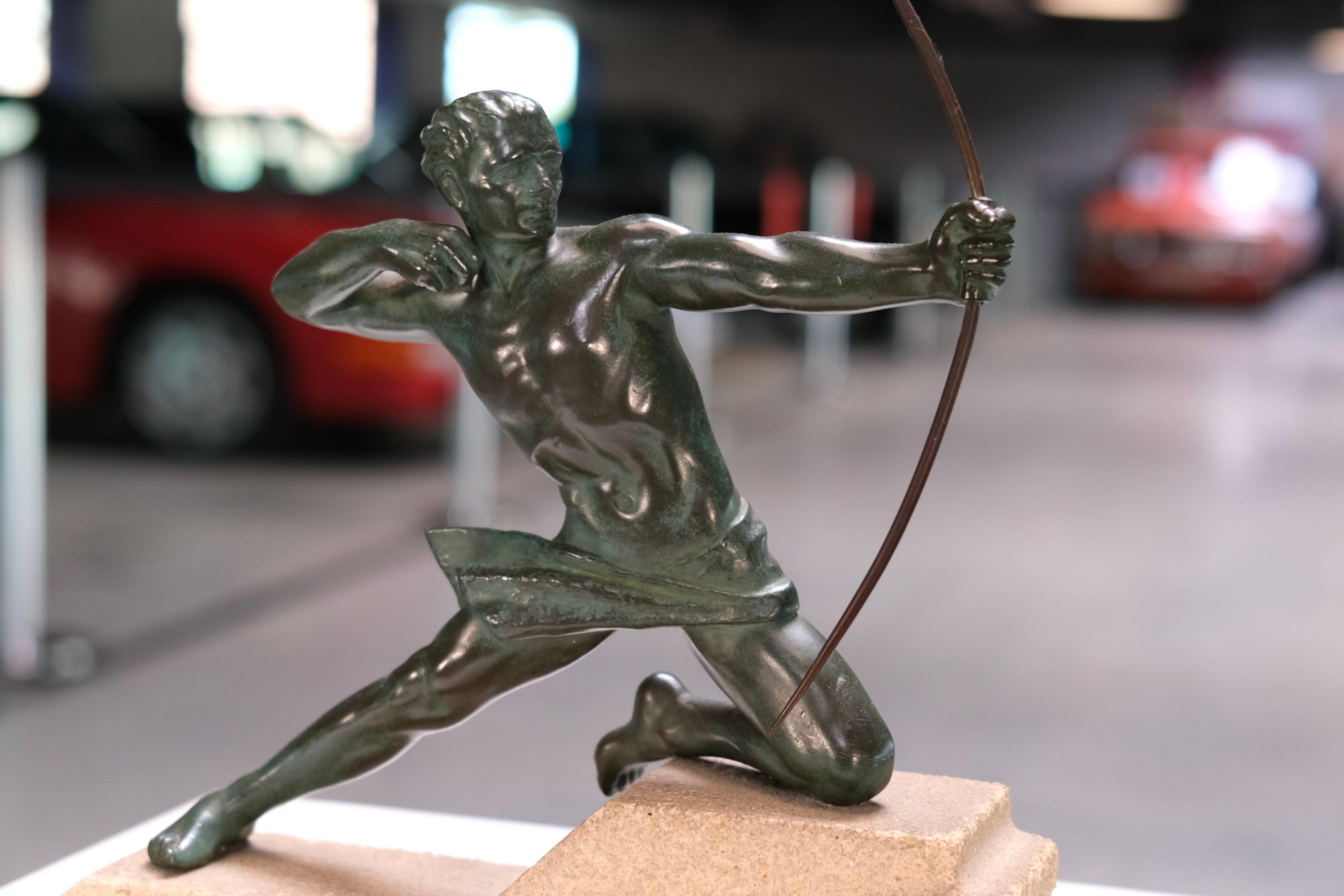 French Art Deco sculpture Spartiate by Max Le Verrier, Spelter and Stone, France 1920s For Sale