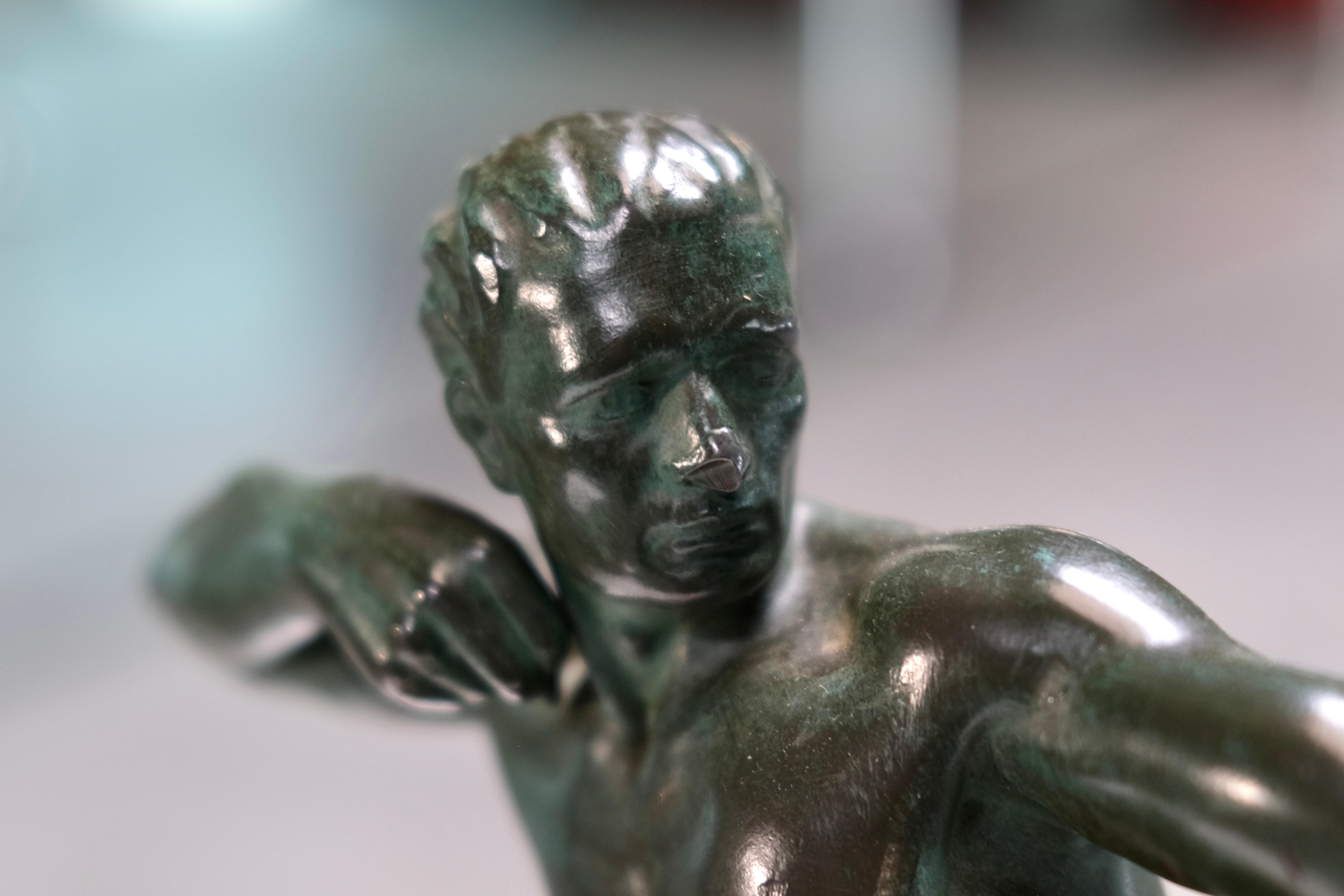 Art Deco sculpture Spartiate by Max Le Verrier, Spelter and Stone, France 1920s In Fair Condition For Sale In Ulm, DE
