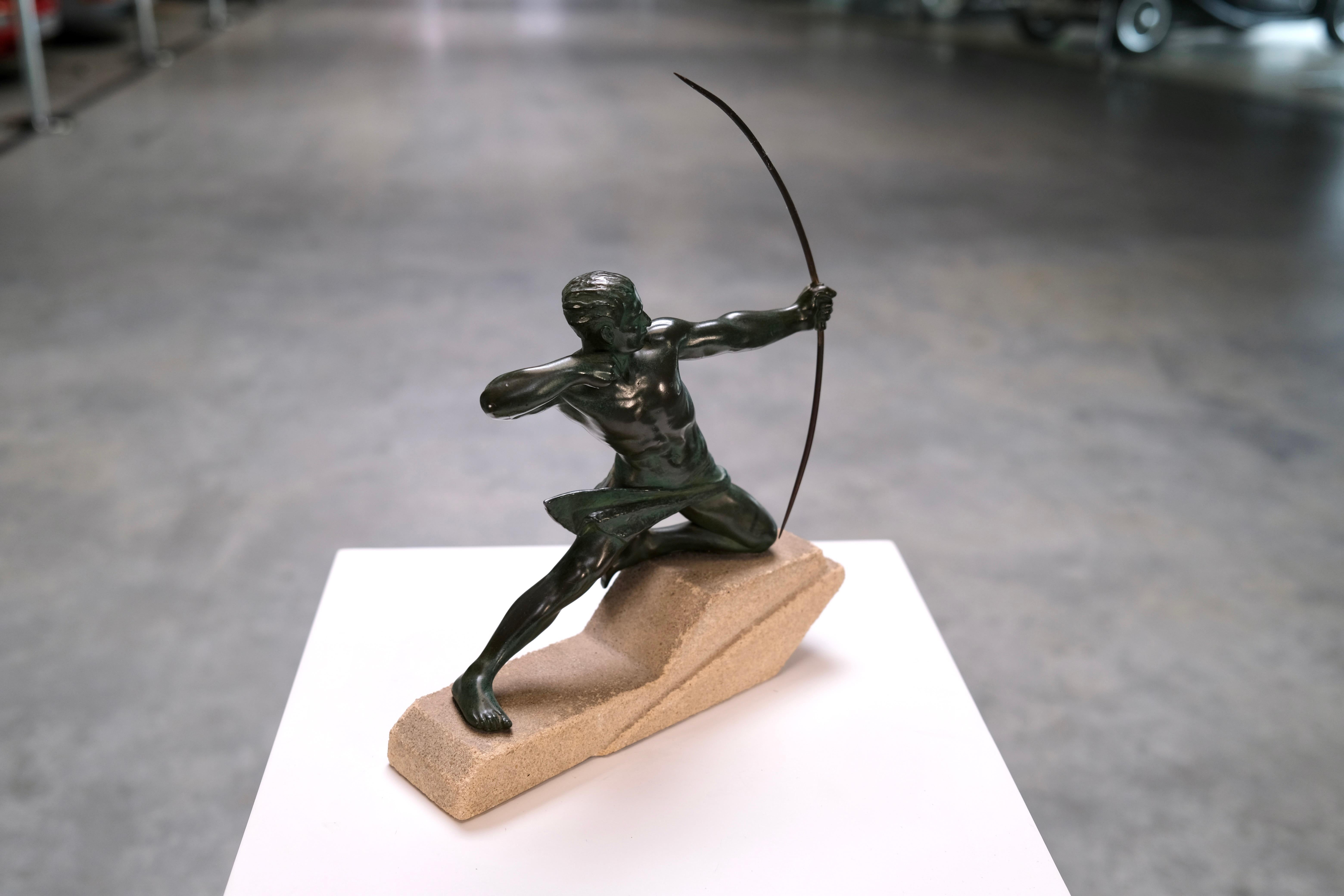 Art Deco sculpture Spartiate by Max Le Verrier, Spelter and Stone, France 1920s For Sale 1