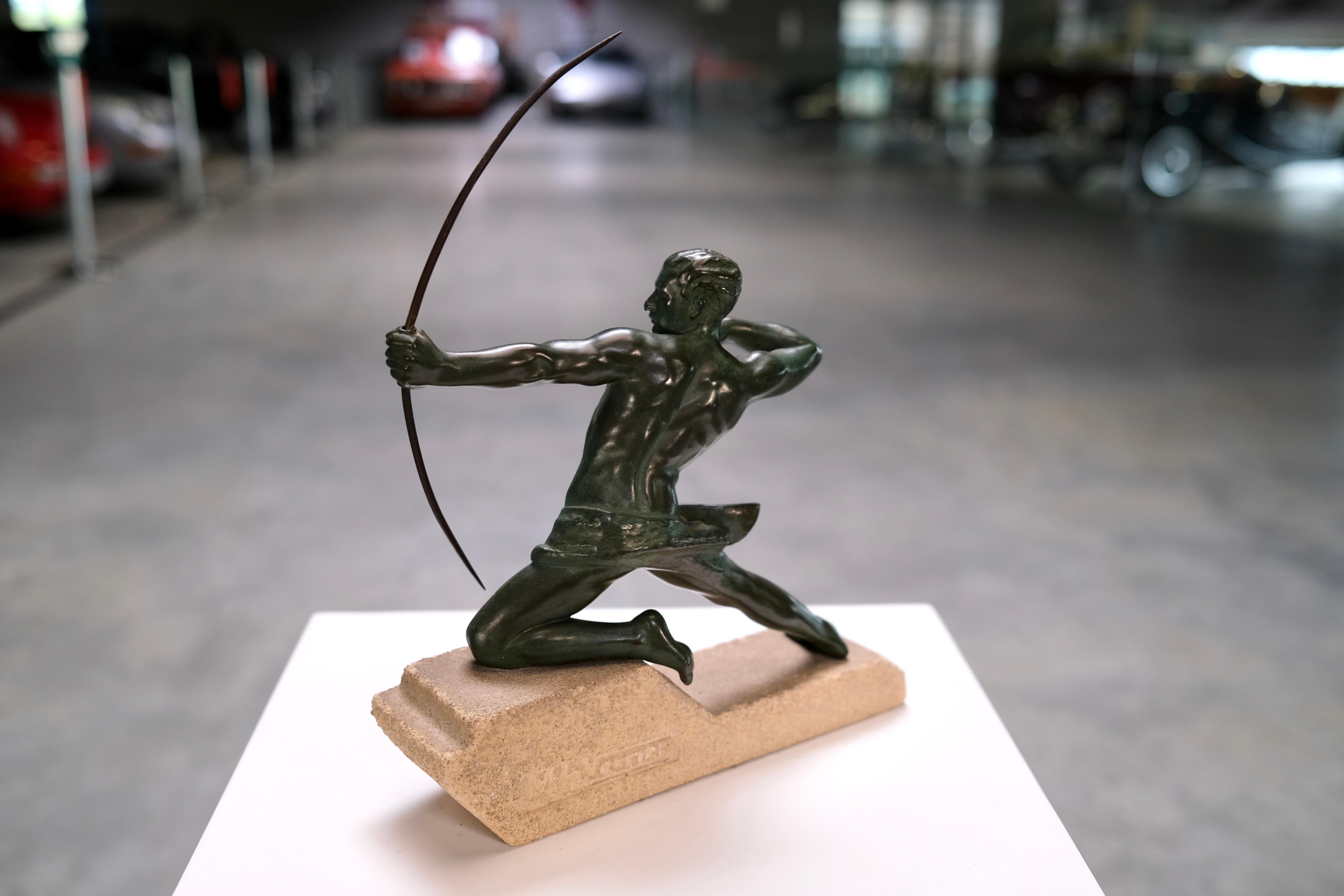 Art Deco sculpture Spartiate by Max Le Verrier, Spelter and Stone, France 1920s For Sale 2