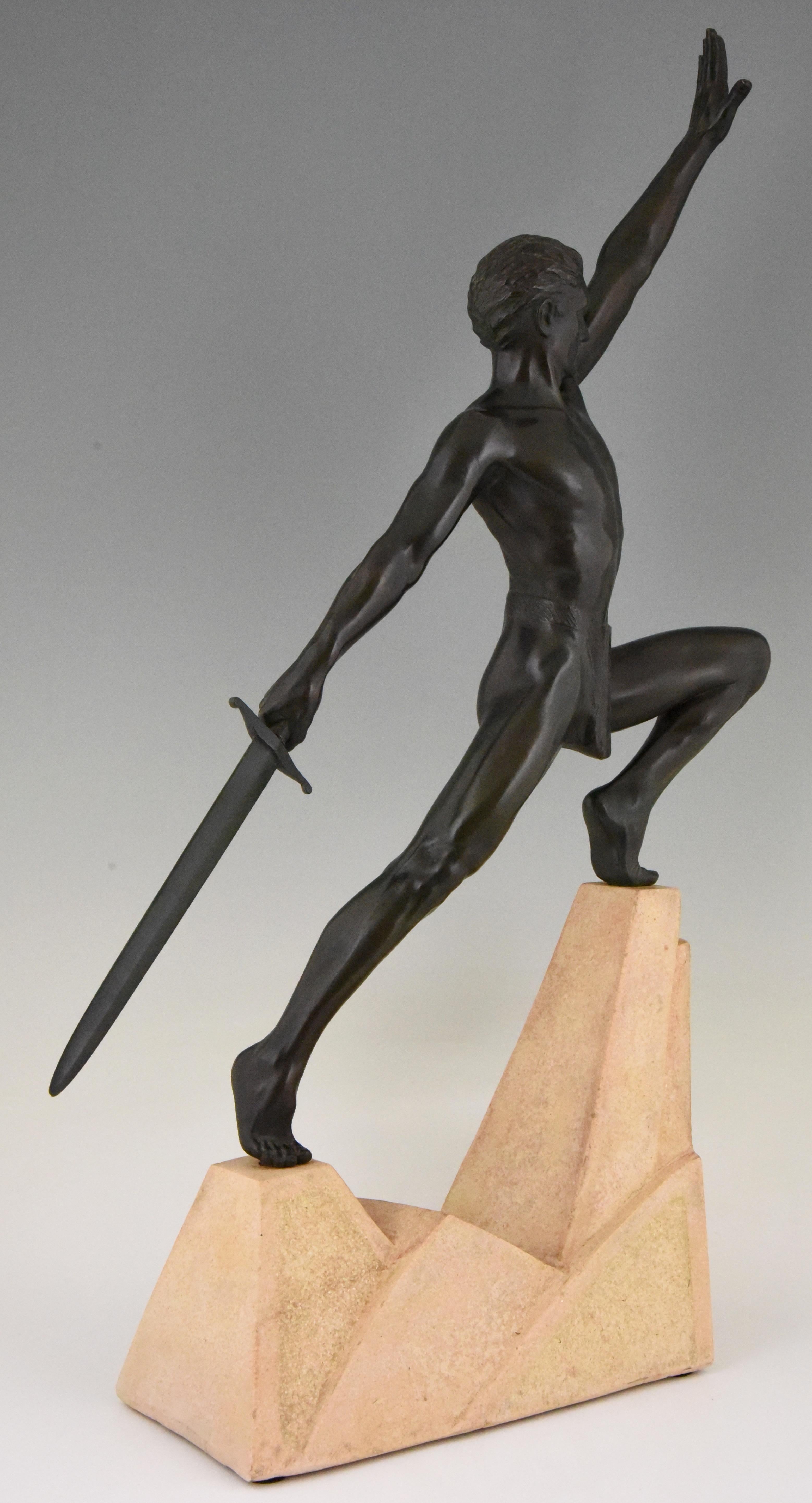 Art Deco Sculpture Sword Fighter on a Rock, the Challenge Max Le Verrier, 1930 2