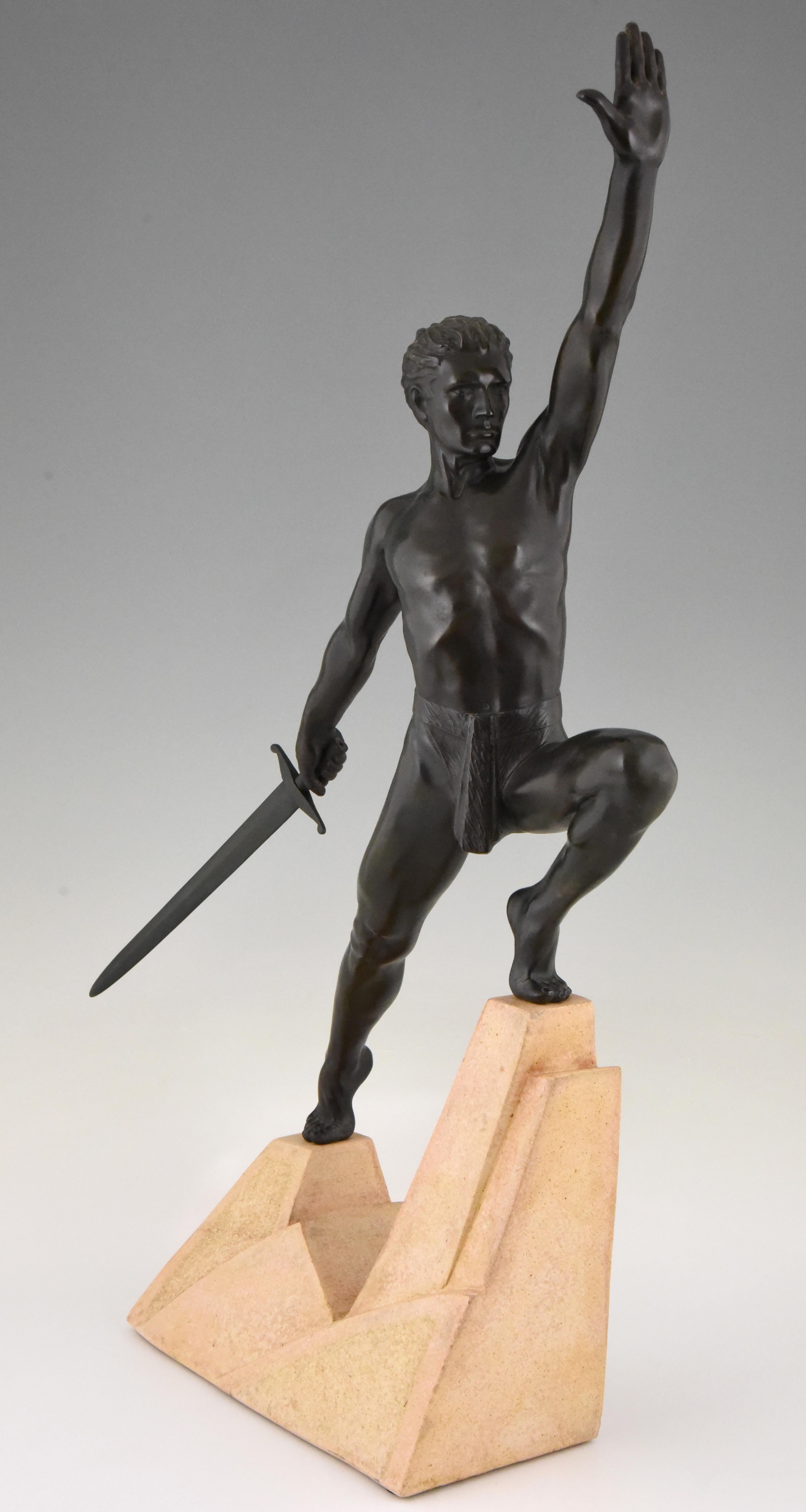 French Art Deco Sculpture Sword Fighter on a Rock, the Challenge Max Le Verrier, 1930