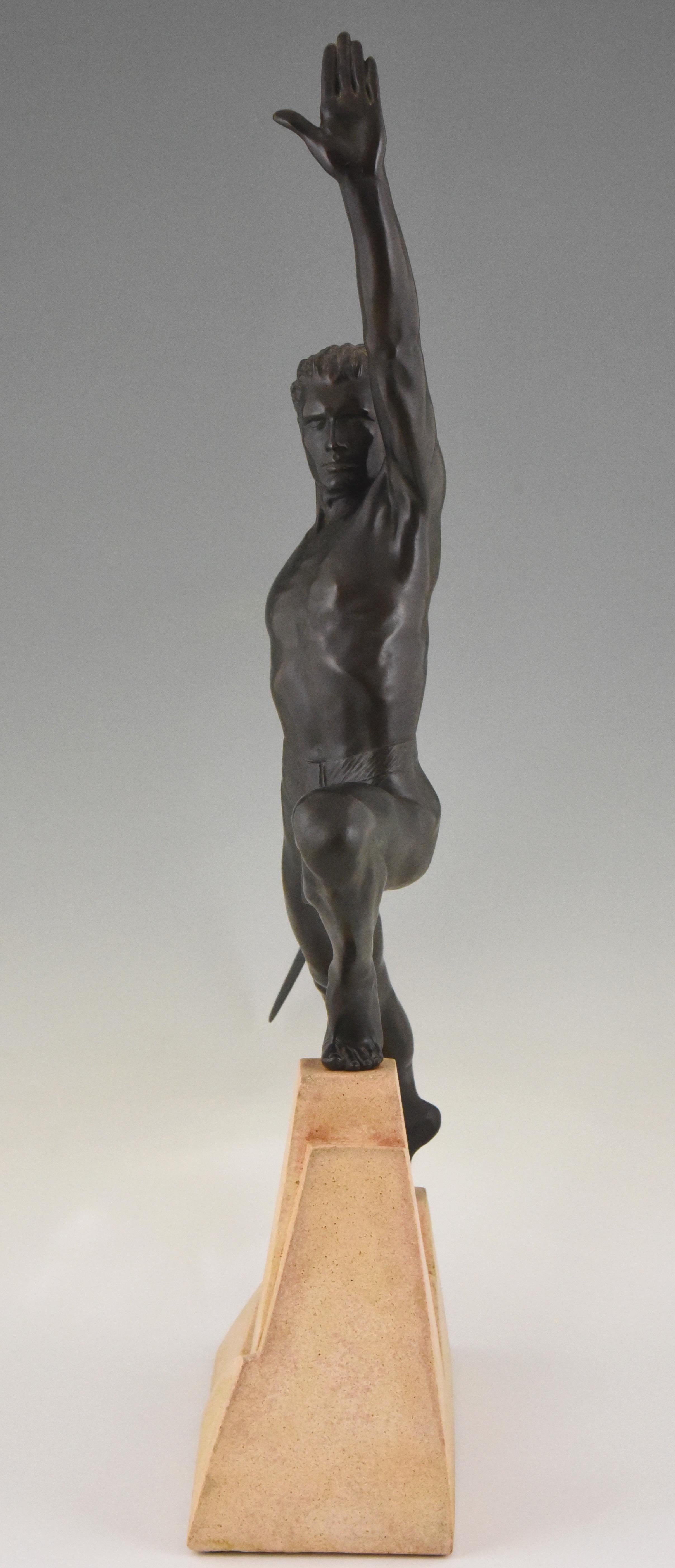 Patinated Art Deco Sculpture Sword Fighter on a Rock, the Challenge Max Le Verrier, 1930