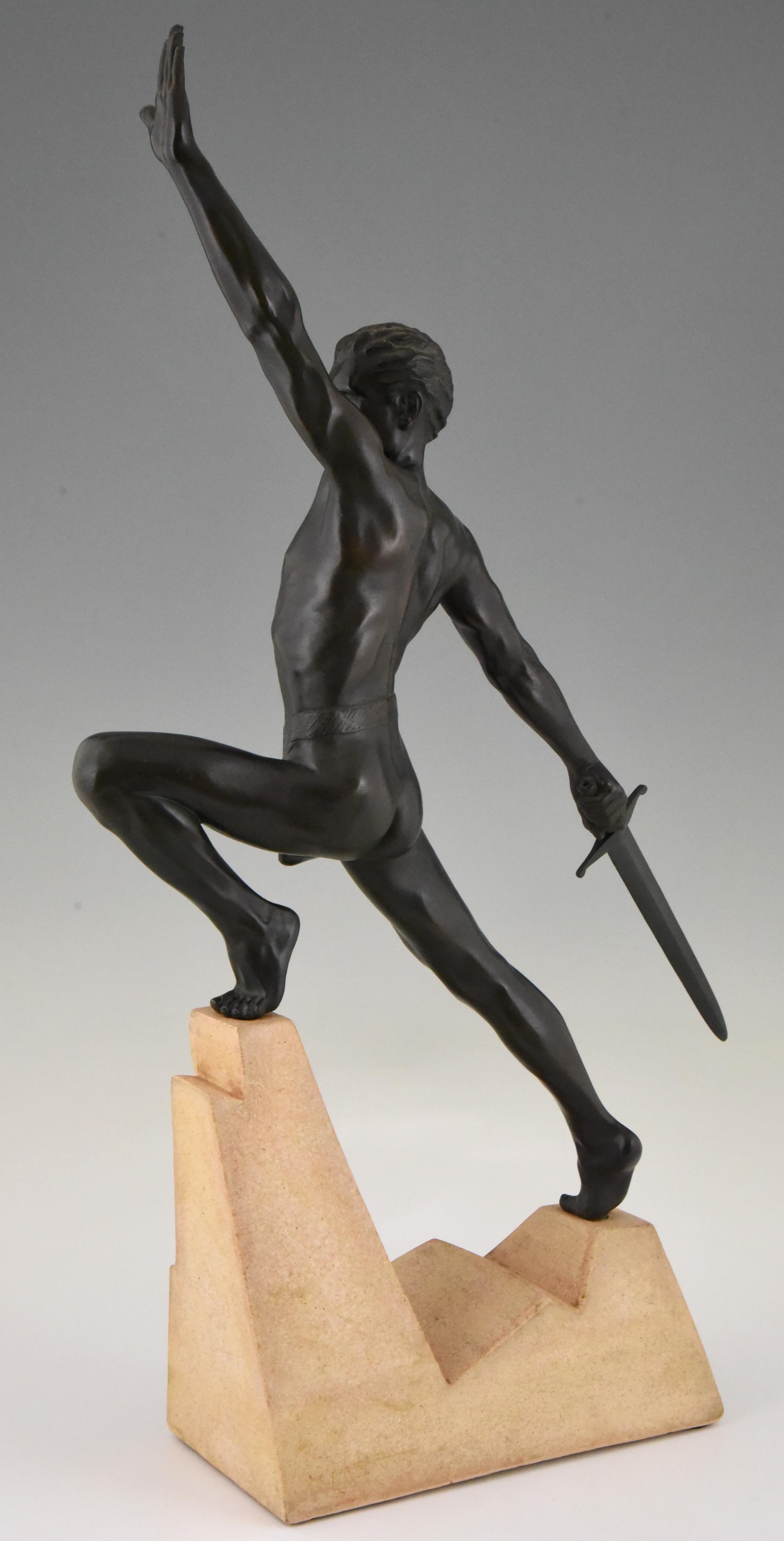 Art Deco Sculpture Sword Fighter on a Rock, the Challenge Max Le Verrier, 1930 In Good Condition In Antwerp, BE