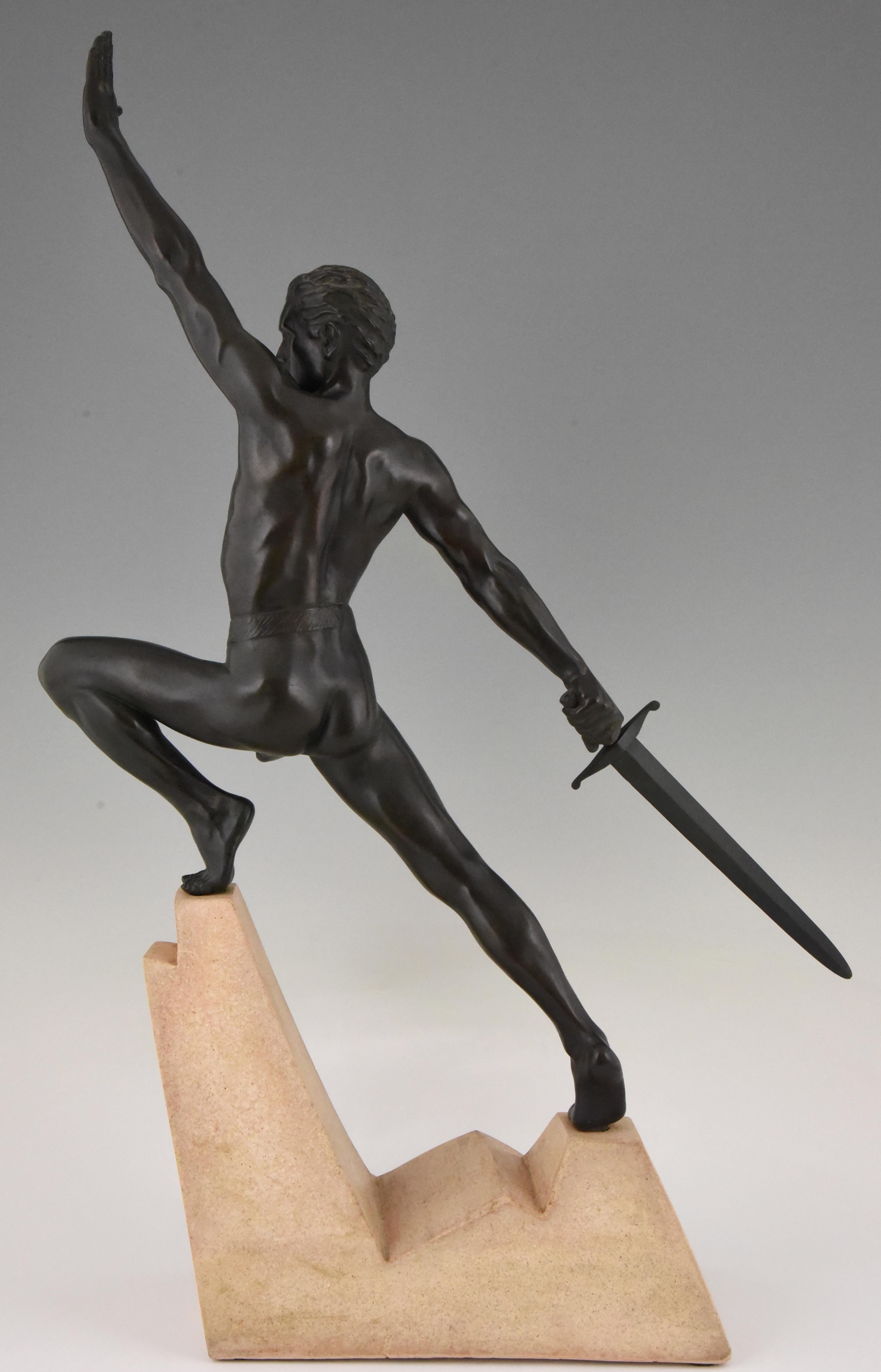 Mid-20th Century Art Deco Sculpture Sword Fighter on a Rock, the Challenge Max Le Verrier, 1930