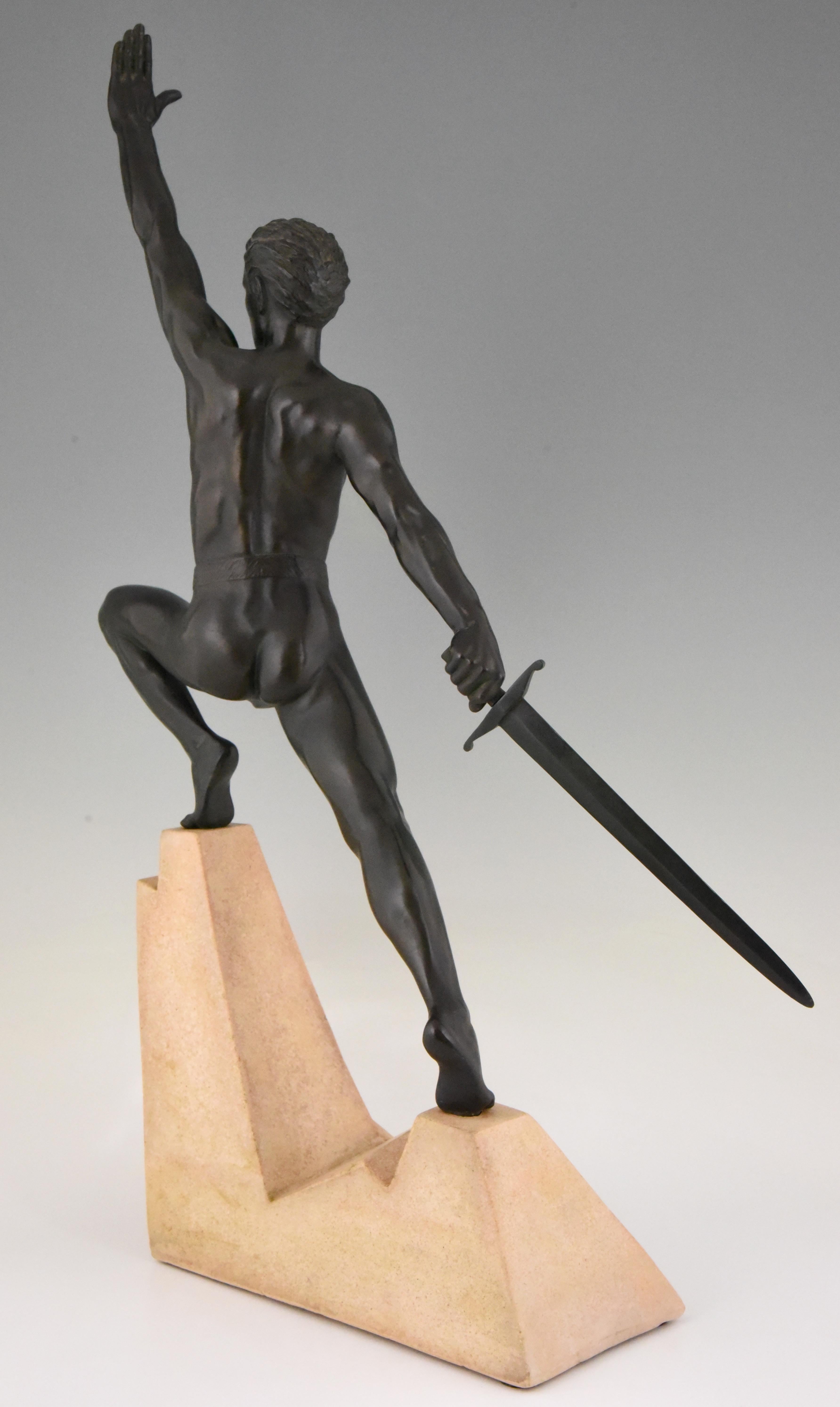 Metal Art Deco Sculpture Sword Fighter on a Rock, the Challenge Max Le Verrier, 1930