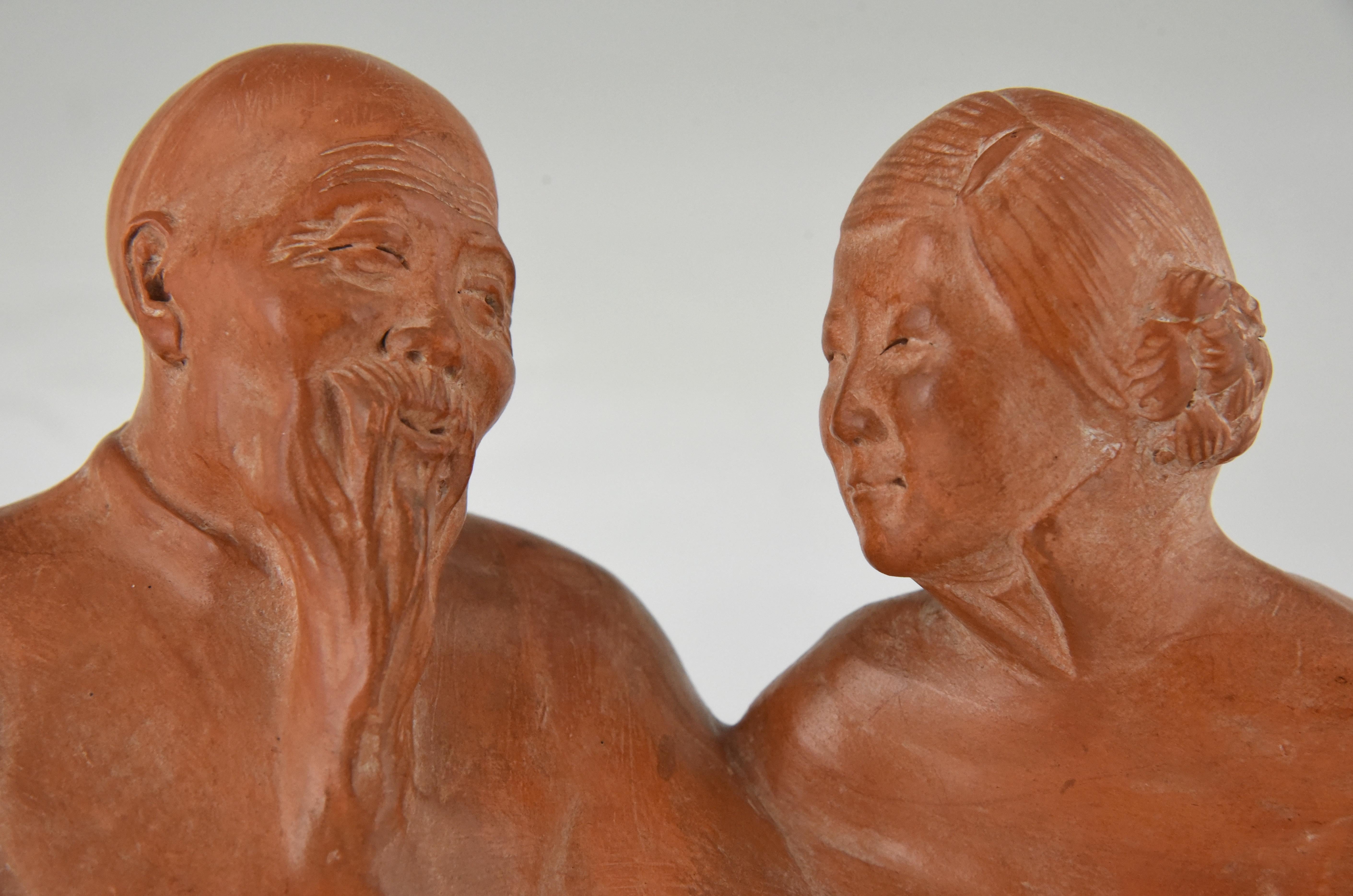 Art Deco Sculpture Terracotta Chinese Couple by Gaston Hauchecorne France 1925 3