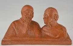 Art Deco Sculpture Terracotta Chinese Couple by Gaston Hauchecorne France 1925