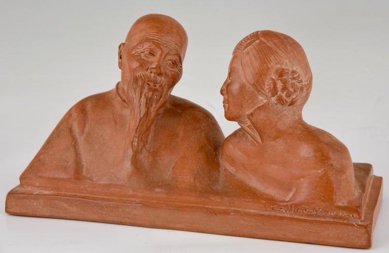 French Art Deco Sculpture Terracotta Chinese Couple by Gaston Hauchecorne France 1925 For Sale