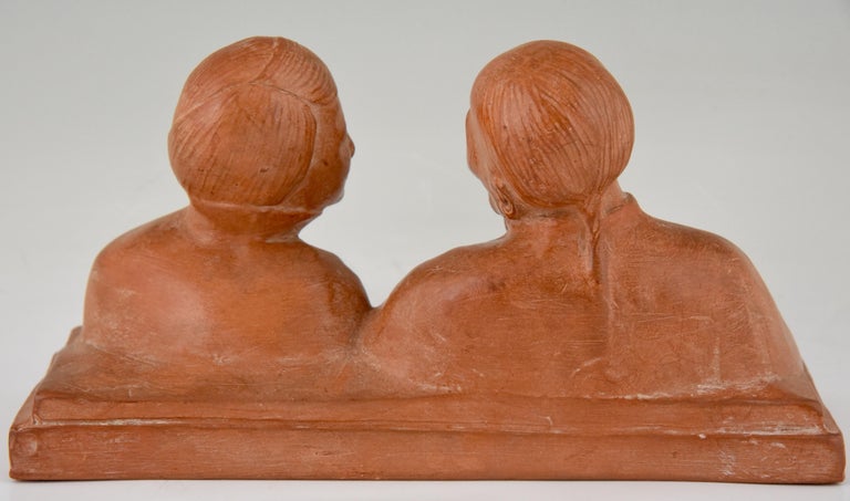 20th Century Art Deco Sculpture Terracotta Chinese Couple by Gaston Hauchecorne France 1925 For Sale