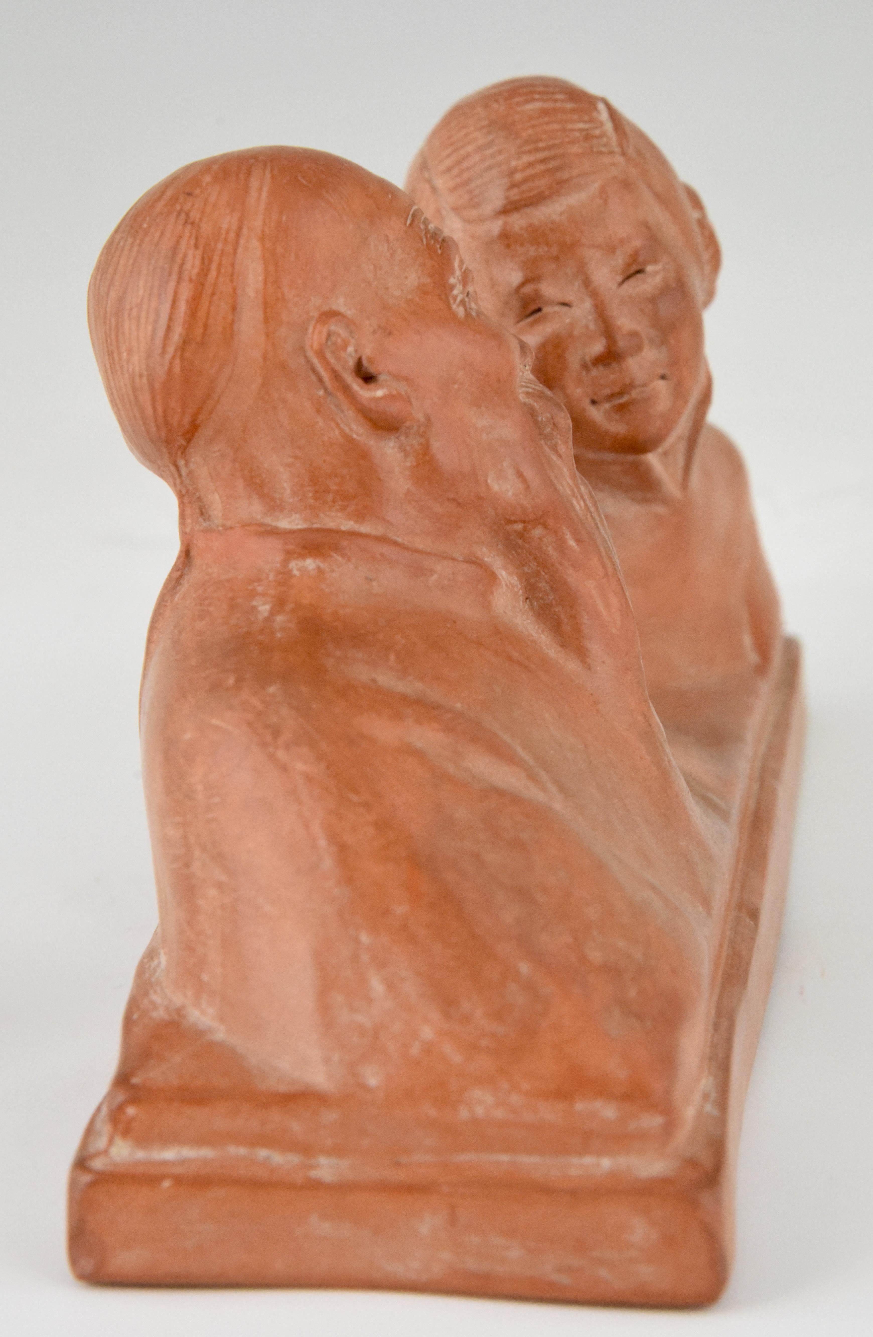 French Art Deco Sculpture Terracotta Chinese Couple by Gaston Hauchecorne France 1925
