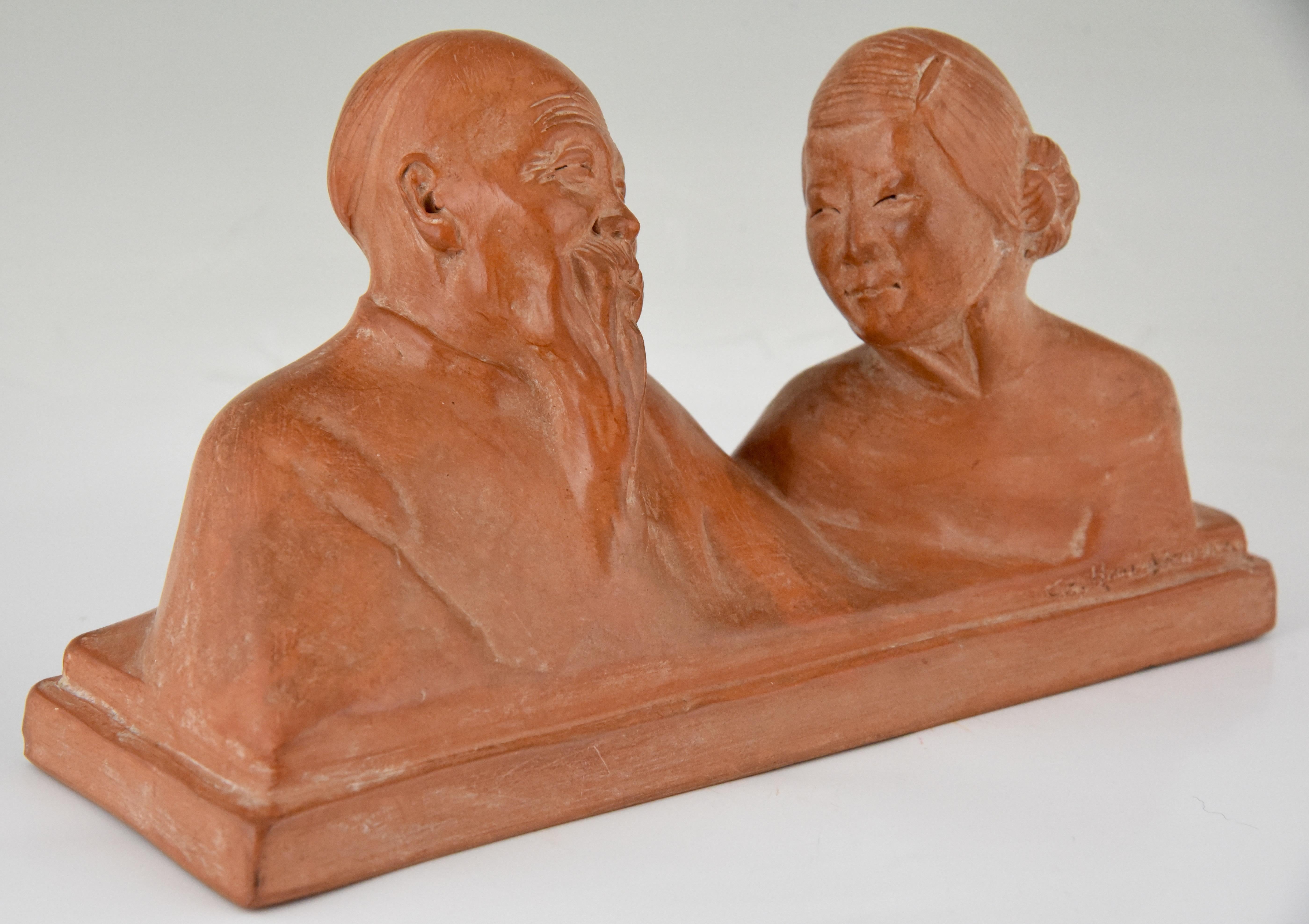 Art Deco Sculpture Terracotta Chinese Couple by Gaston Hauchecorne France 1925 In Good Condition In Antwerp, BE