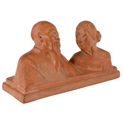 Art Deco Sculpture Terracotta Chinese Couple by Gaston Hauchecorne France 1925