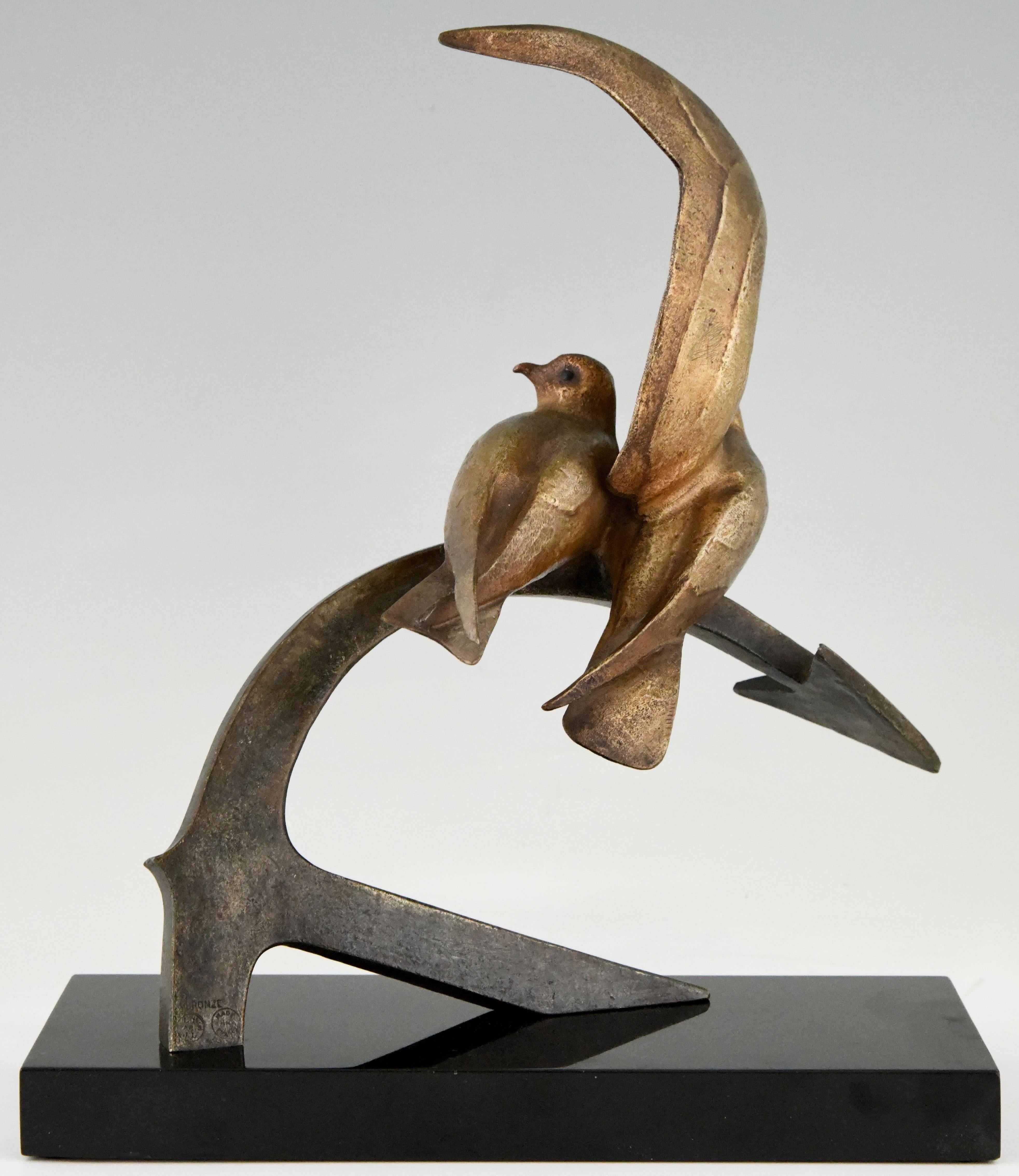 Mid-20th Century Art Deco sculpture two birds on an anchor by André Vincent Becquerel, 1930 For Sale