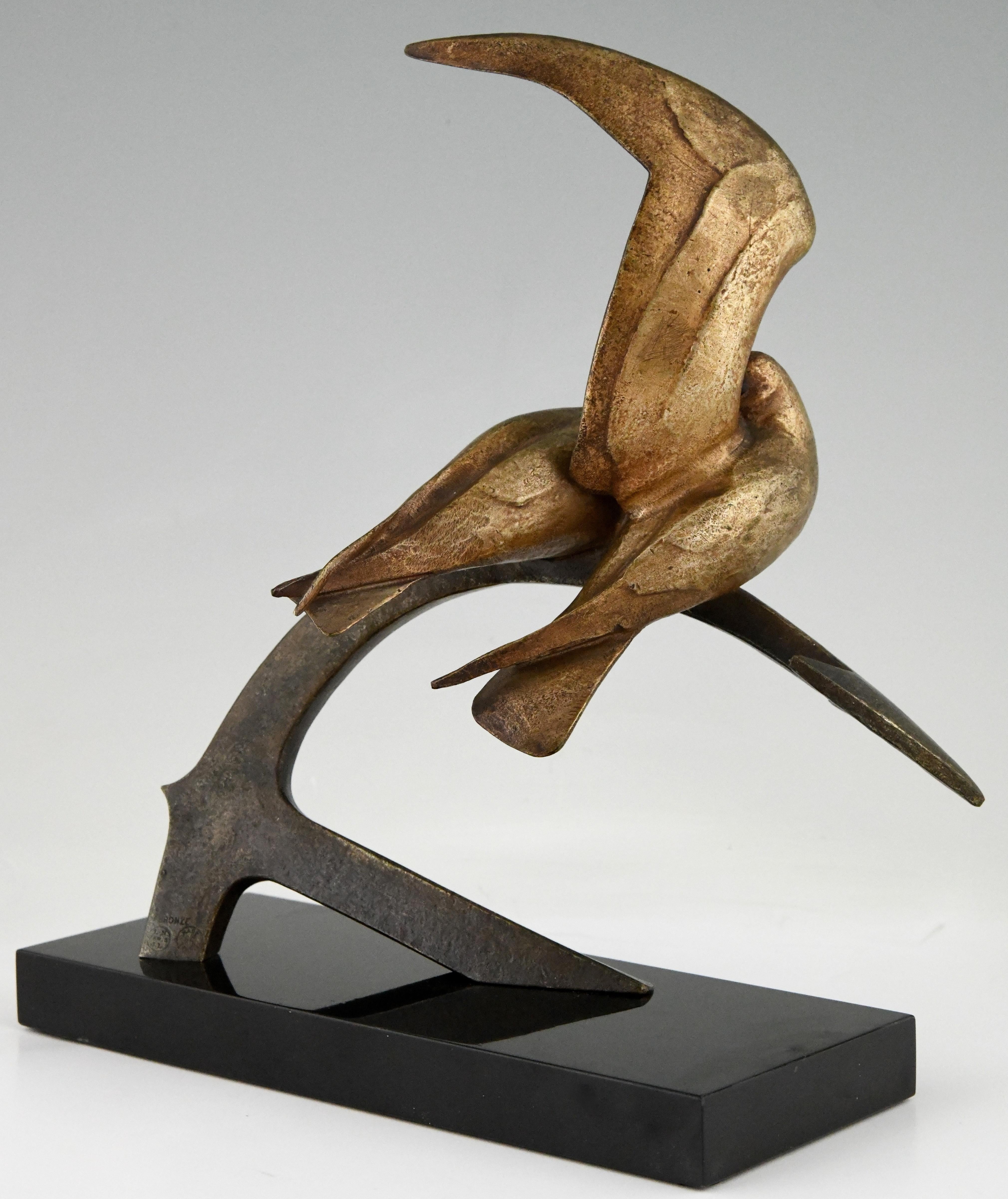 Bronze Art Deco sculpture two birds on an anchor by André Vincent Becquerel, 1930 For Sale