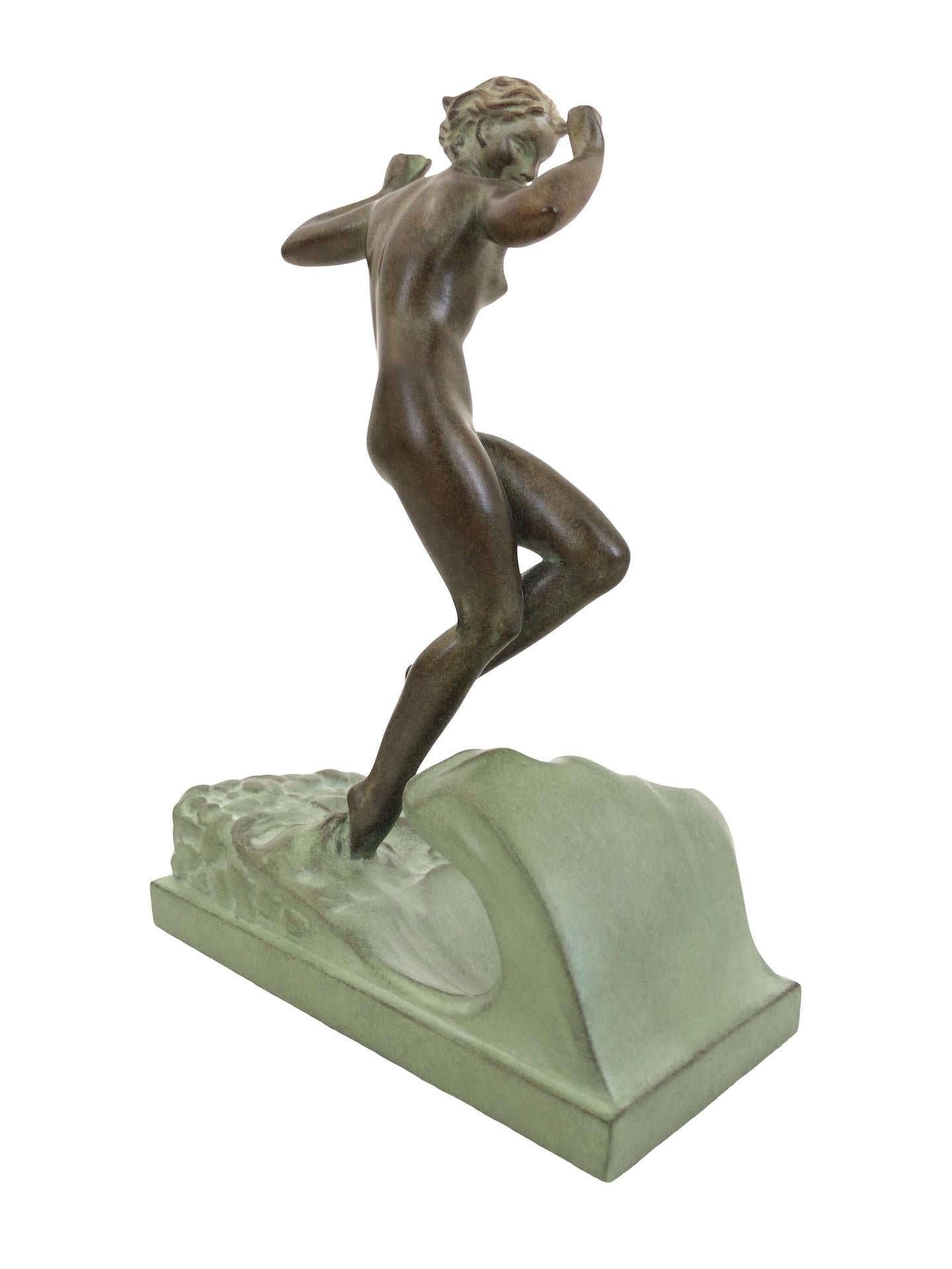 Patinated Art Deco Sculpture Vague from Raymonde Guerbe by Atelier Max Le Verrier For Sale