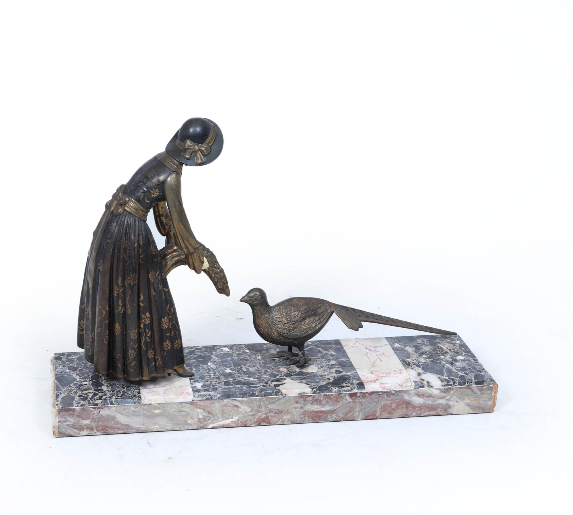 Art Deco Sculpture with Marble Base– Woman with Pheasant For Sale 4