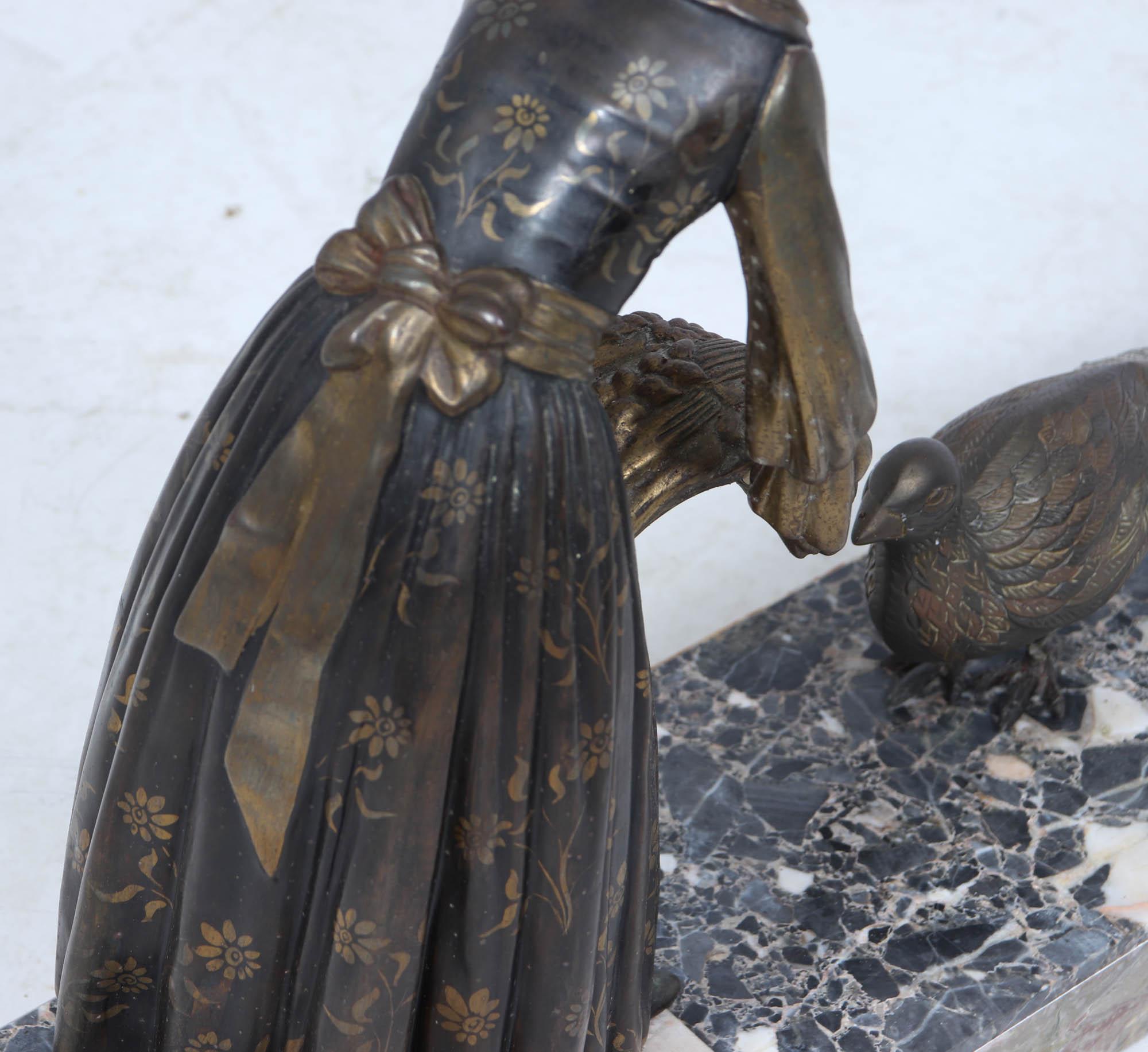 Art Deco Sculpture with Marble Base– Woman with Pheasant For Sale 6