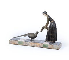 Art Deco Sculpture with Marble Base– Woman with Pheasant