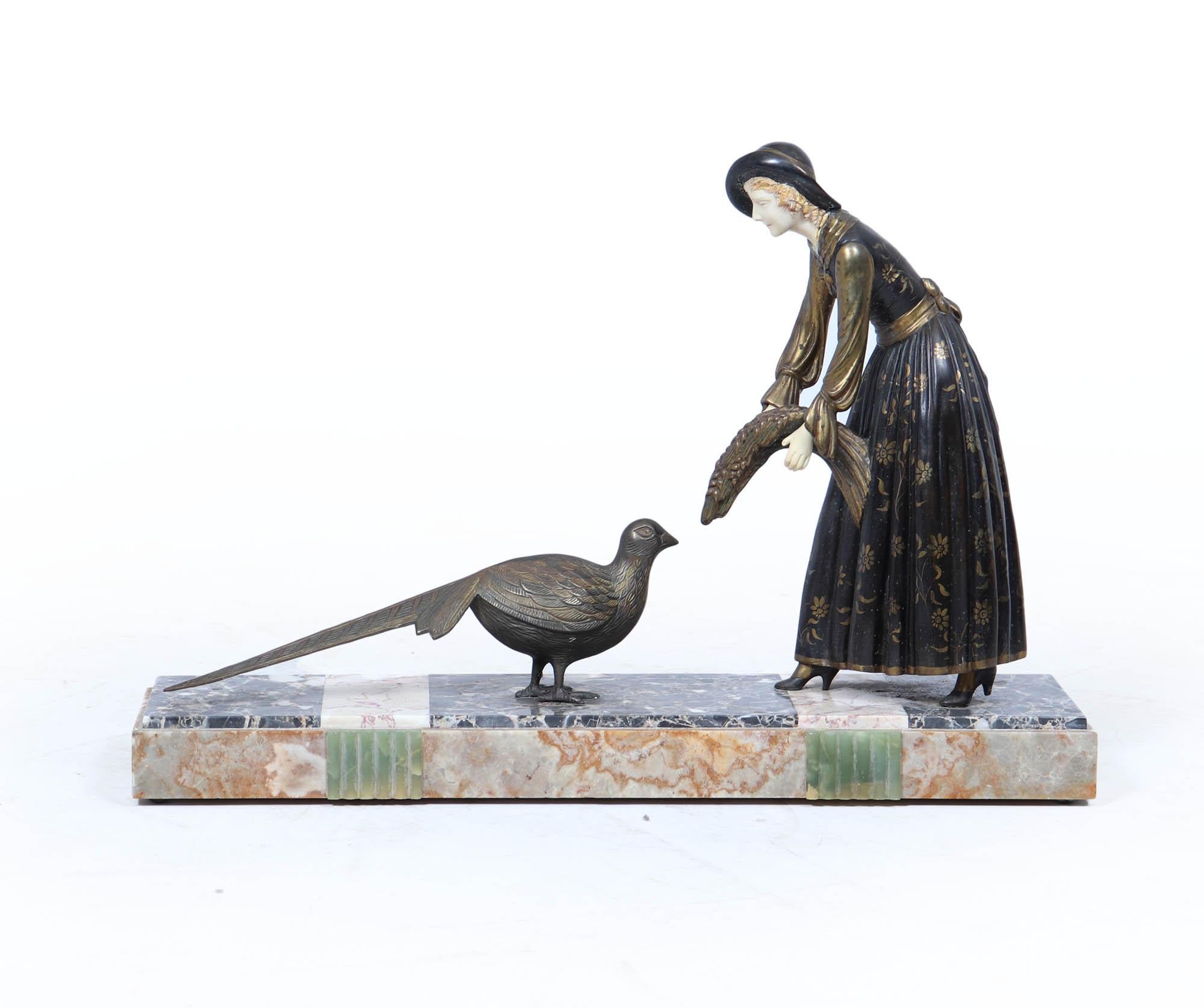 French Art Deco Sculpture with Marble Base– Woman with Pheasant For Sale