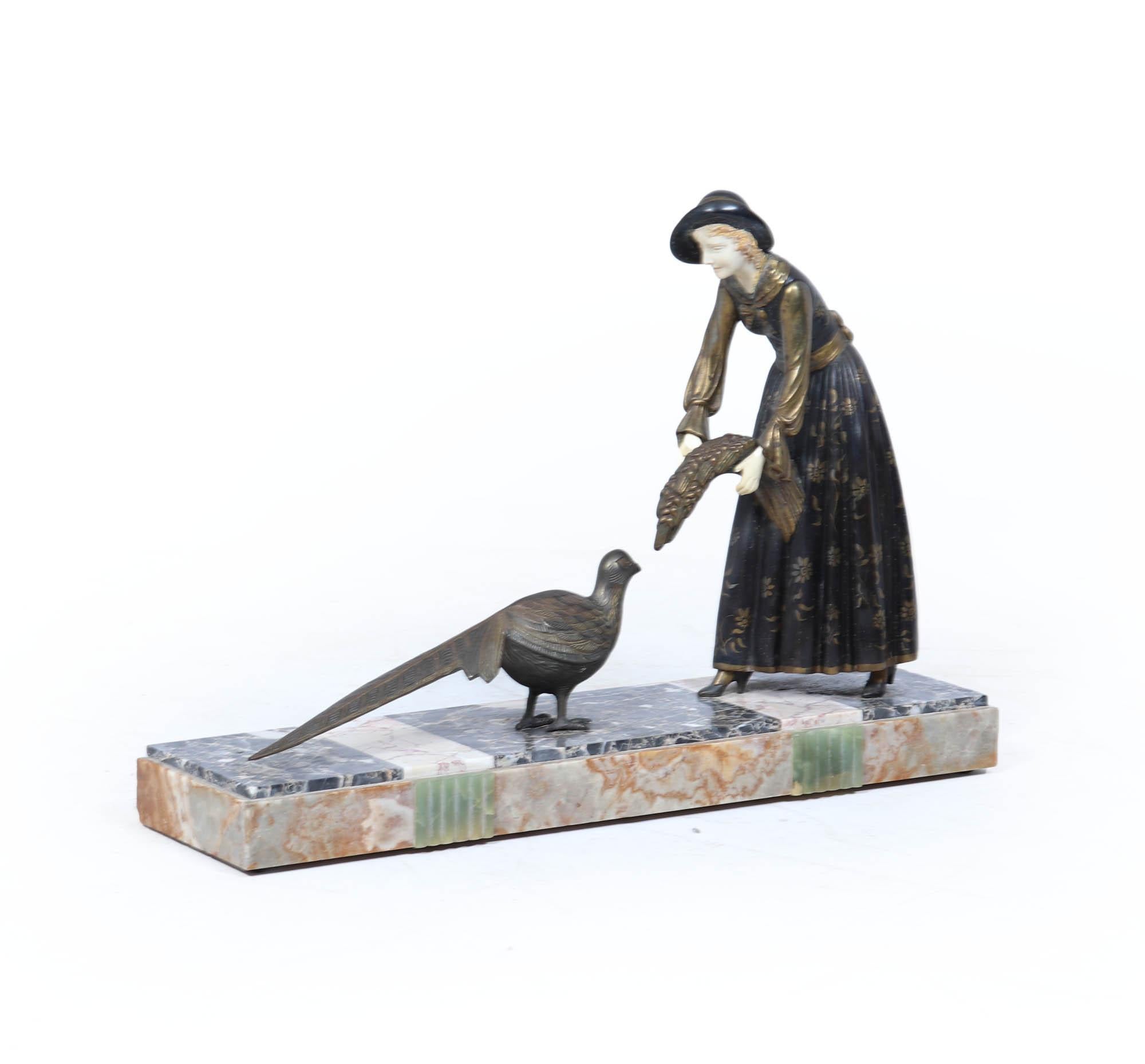 Art Deco Sculpture with Marble Base– Woman with Pheasant In Good Condition For Sale In Paddock Wood Tonbridge, GB