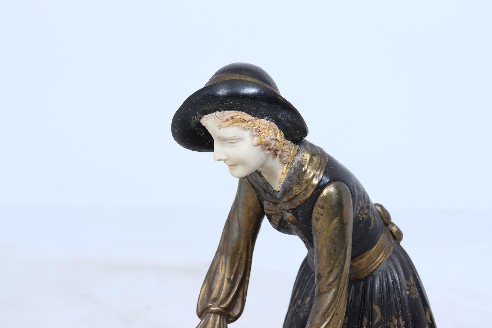 Mid-20th Century Art Deco Sculpture with Marble Base– Woman with Pheasant For Sale