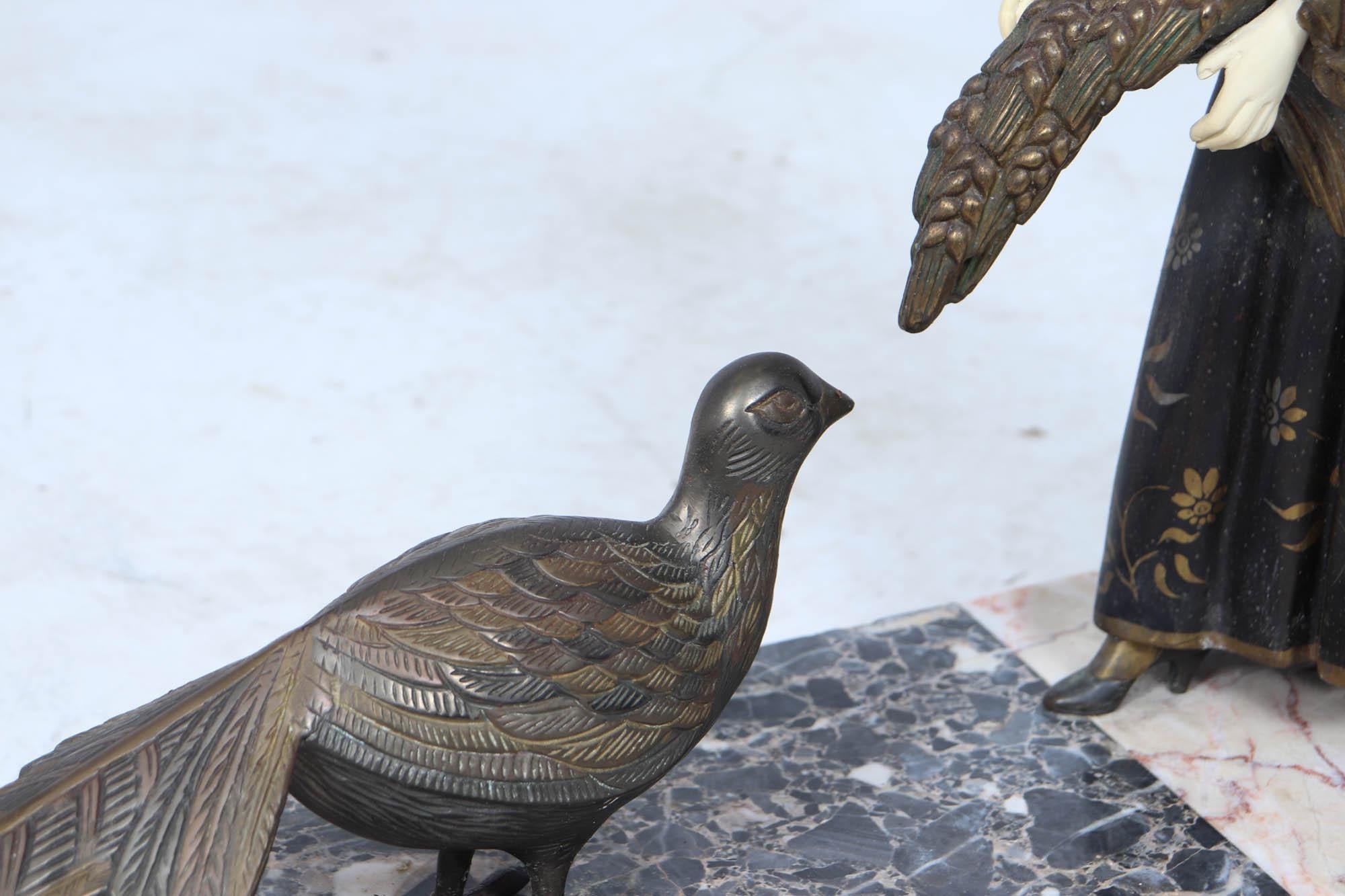 Spelter Art Deco Sculpture with Marble Base– Woman with Pheasant For Sale
