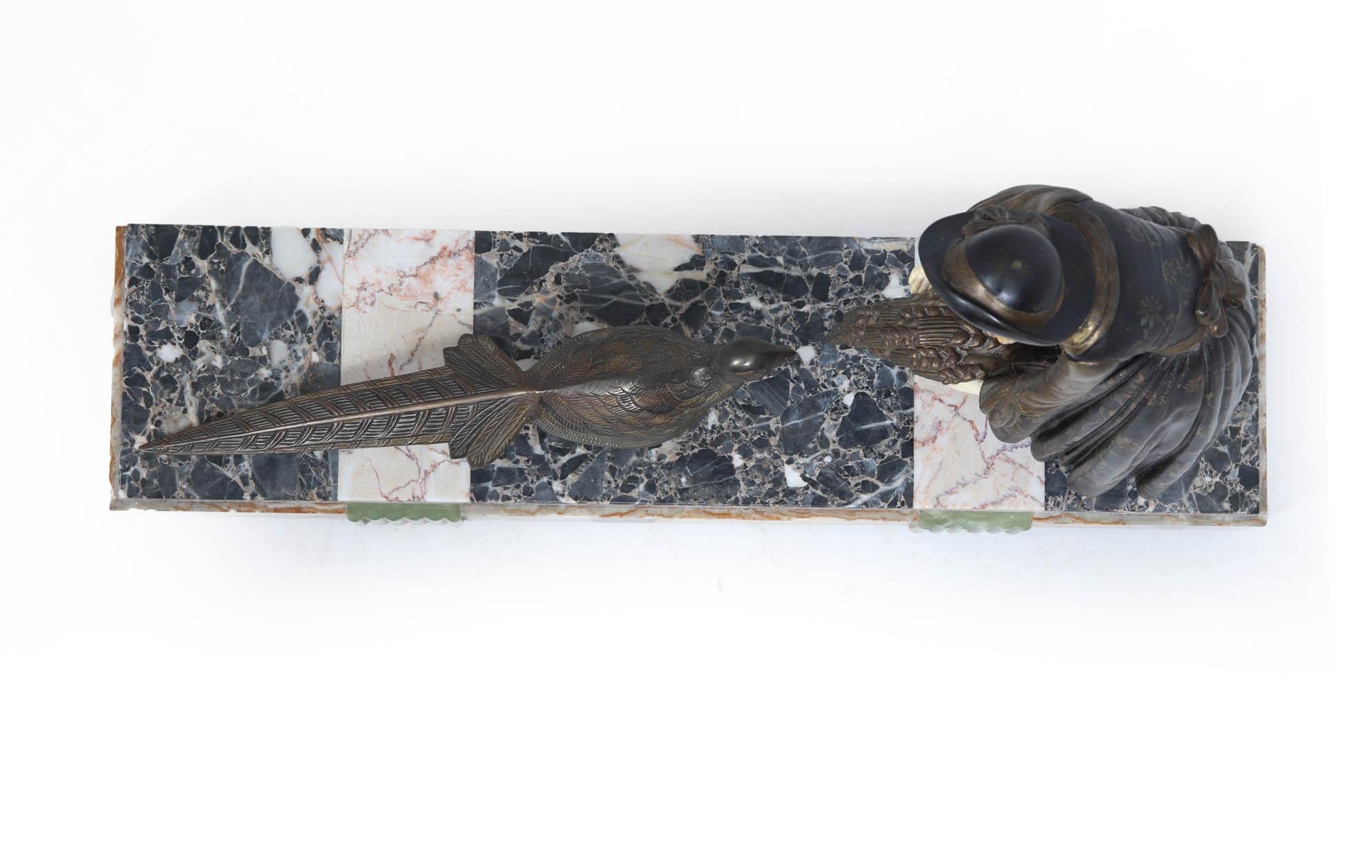 Art Deco Sculpture with Marble Base– Woman with Pheasant For Sale 2