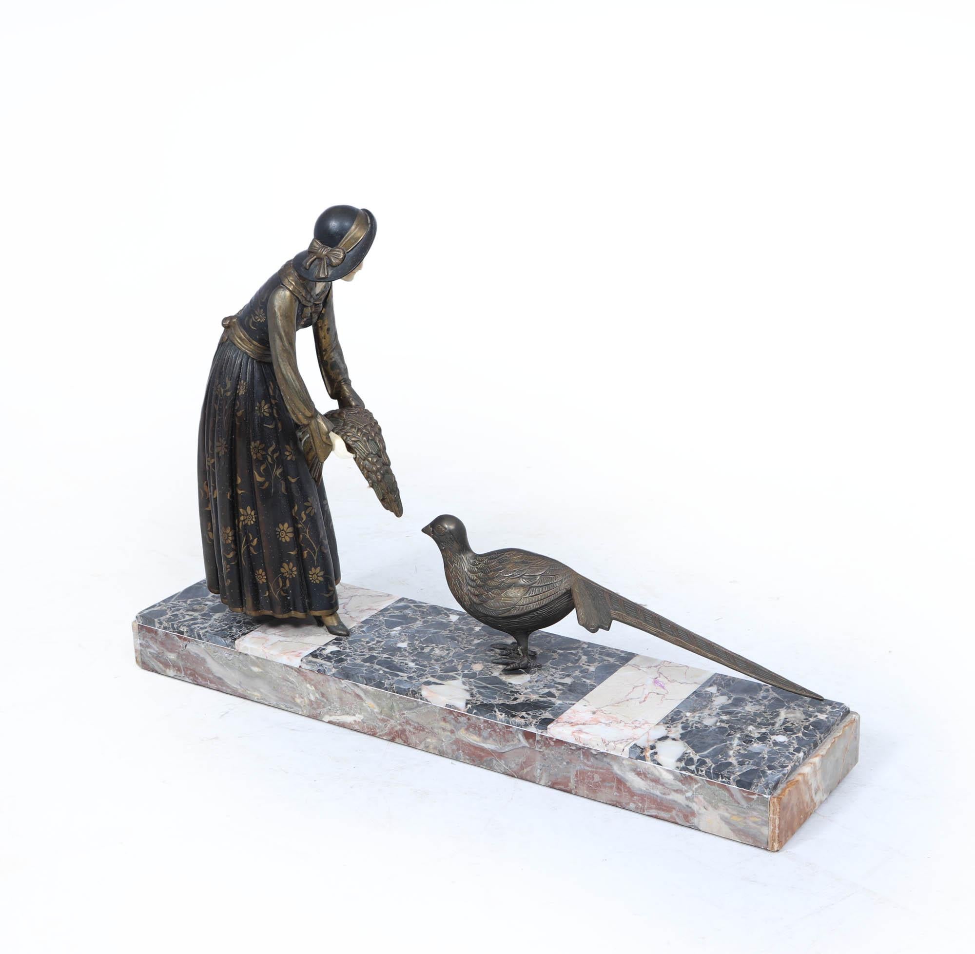 Art Deco Sculpture with Marble Base– Woman with Pheasant For Sale 3