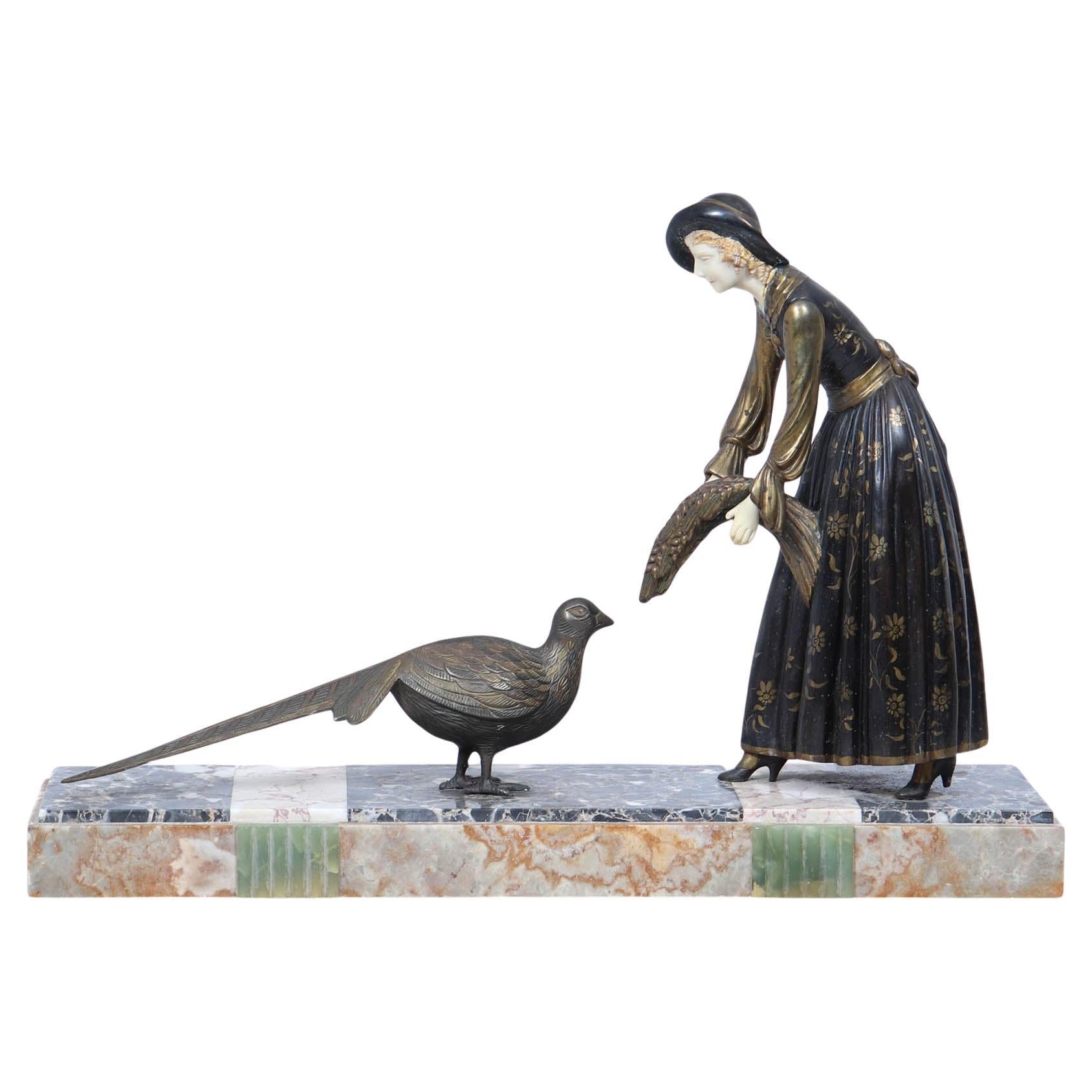 Art Deco Sculpture with Marble Base– Woman with Pheasant For Sale