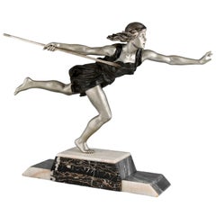 Art Deco sculpture woman with spear by Uriano France 1930 javelin thrower.