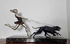 Art Deco Sculpture Young Girl Running with Greyhounds by Geo Maxim