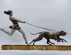 Art Deco Sculpture Young Girl Running with Greyhounds signed, Geo Maxim
