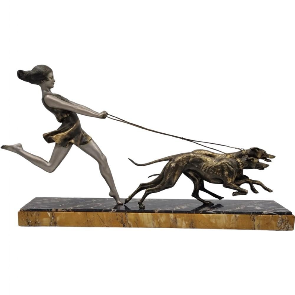 French Art Deco Sculpture Young Girl Running with Greyhounds signed, Geo Maxim