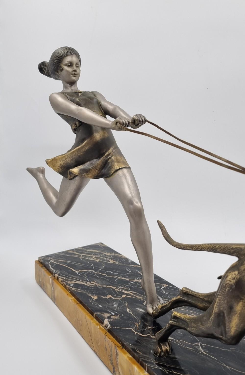 Cast Art Deco Sculpture Young Girl Running with Greyhounds signed, Geo Maxim